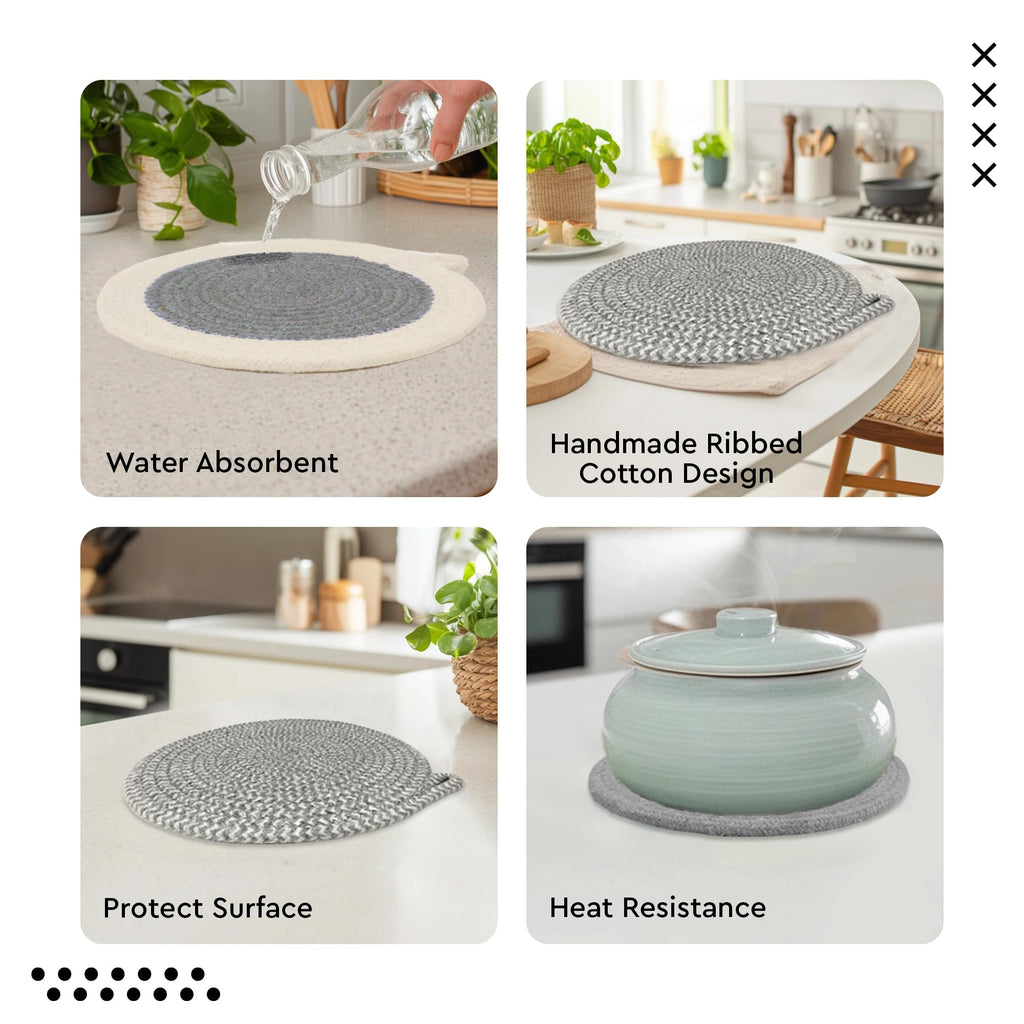 Encasa XO Round Trivet Mats, Heat Resistant Cotton 7" Grey Combo