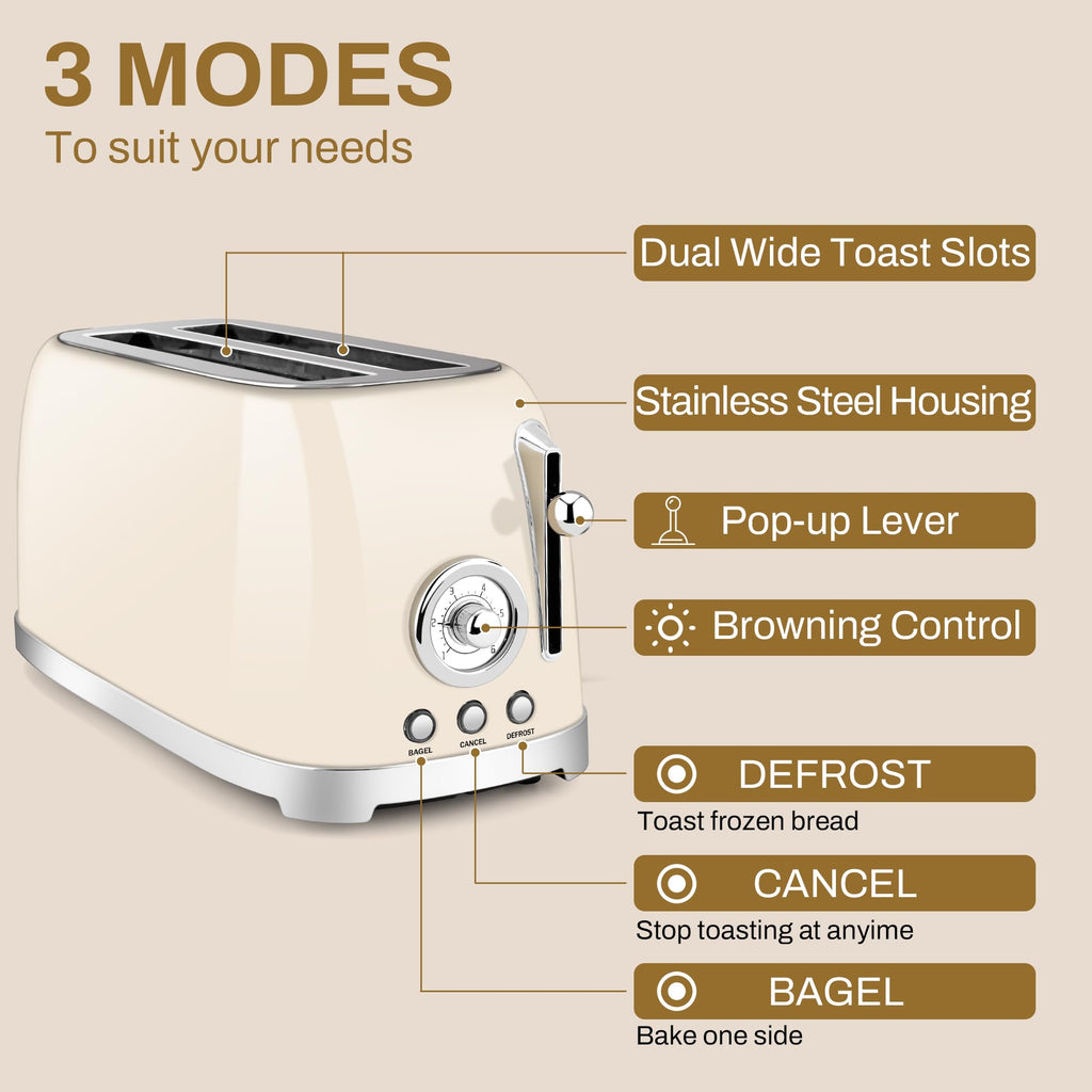 SUSTEAS Toaster 4 Slice Wide Slot, Stainless Steel Bread Bagel Toasters, Retro Long Slot Tostadora for Defrost, Reheat, Removable Crumb Tray, 1500W, 6 Browning Settings, Beige