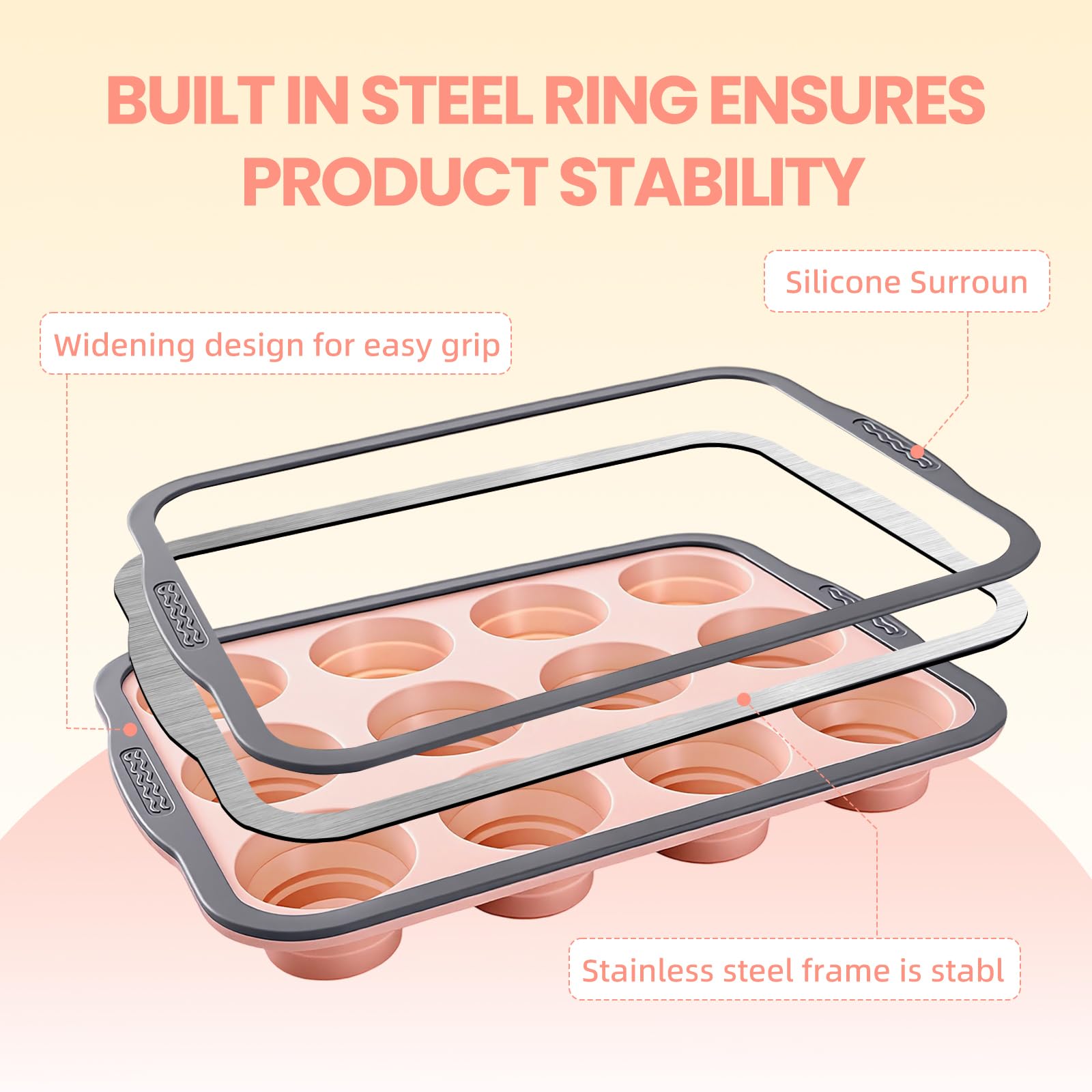 BHNJUTM 12-Cup Silicone Muffin Pan for Baking - Premium Nonstick Muffin Tin with Metal Reinforced Frame, Easy to Clean Silicone Cupcake Molds, Dishwasher & Oven Safe BPA Free (one pink)