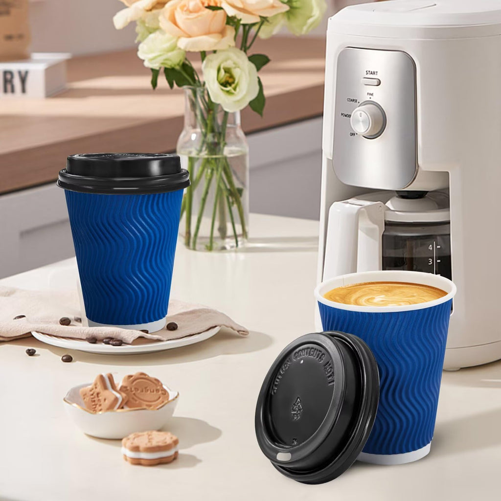 Clawsoff 100 Pack 12 oz Coffee Cups with Lids Disposable Insulated Cup Navy