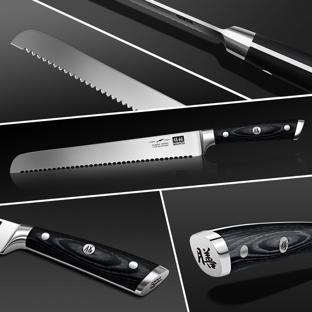 SHAN ZU 10-Inch Serrated Bread & Sourdough Knife with Wood Handle