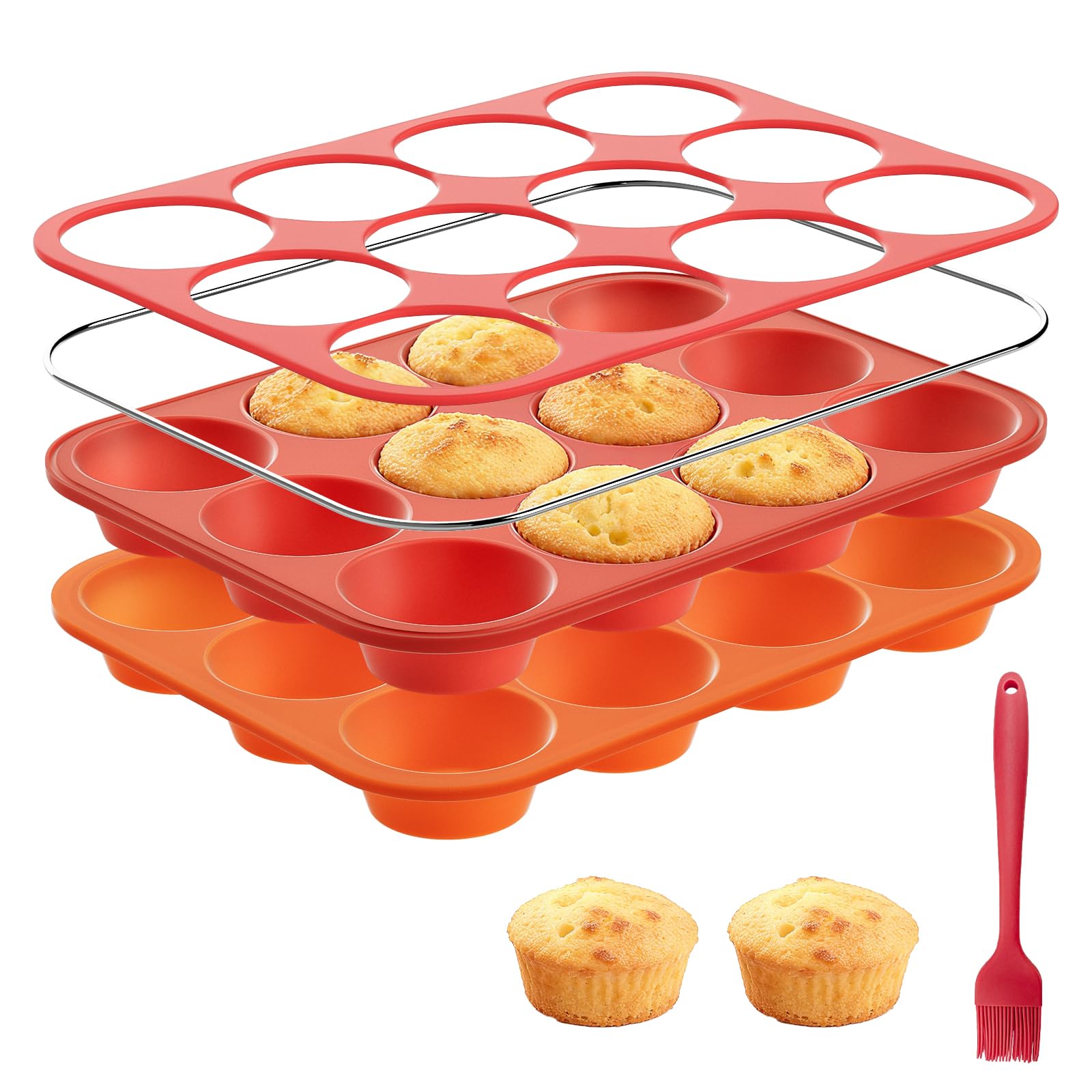 Bongpuda Silicone Muffin Pan with Metal Reinforced Frame,2 Pcs 2.9" Regular Size 12 Cups Egg Bite Mold,Non-Stick,Easy Release,For Egg Muffins, Cupcakes, Large Muffins,Cheesecakes(Orange + Red)