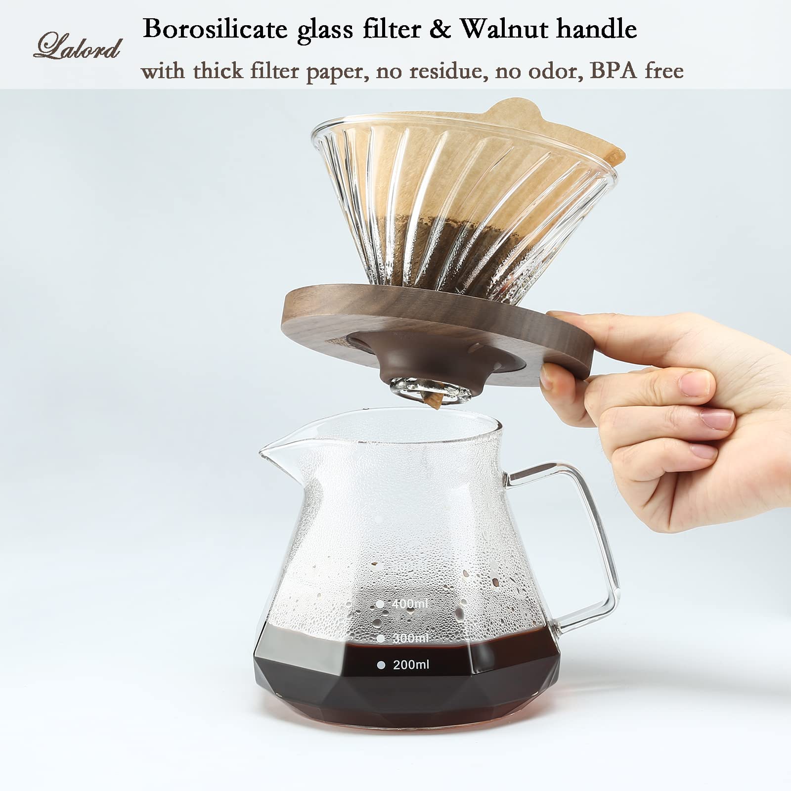 Lalord Pour Over Coffee Maker, 20 oz Borosilicate Glass Carafe with 100 pcs V60 Paper Filter, Walnut Handle & Glass Lid, Drip Coffee Maker for Home Café Restaurant Camping, 600 ml, Clear