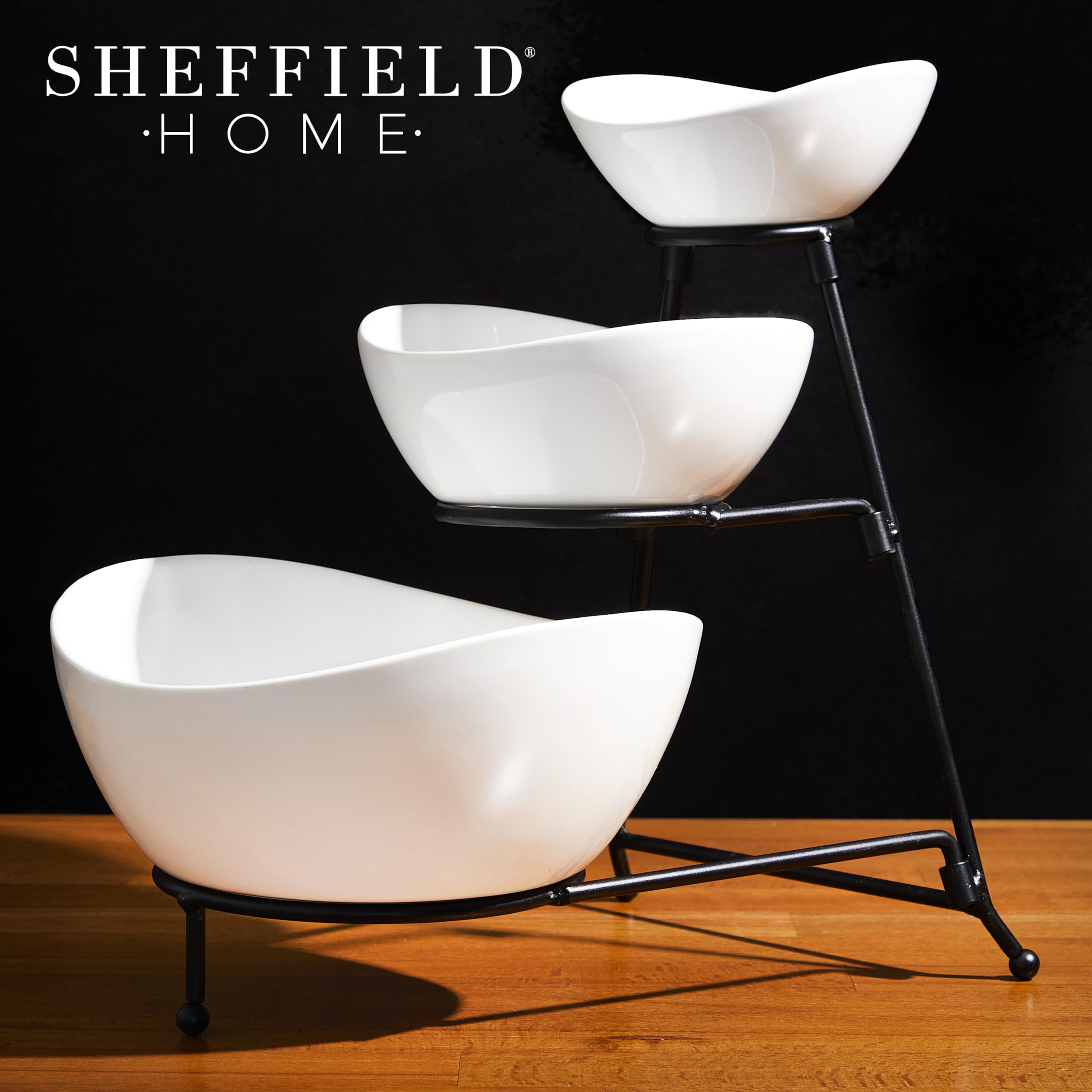 Sheffield Home 3 Tier Stoneware Large Serving Bowls Set with Metal Stand - Microwave & Dishwasher Safe Fruit Bowl & Chip and Dip Servings Set - Serving Dishes for Party, Kitchen & Side Dishes (White)