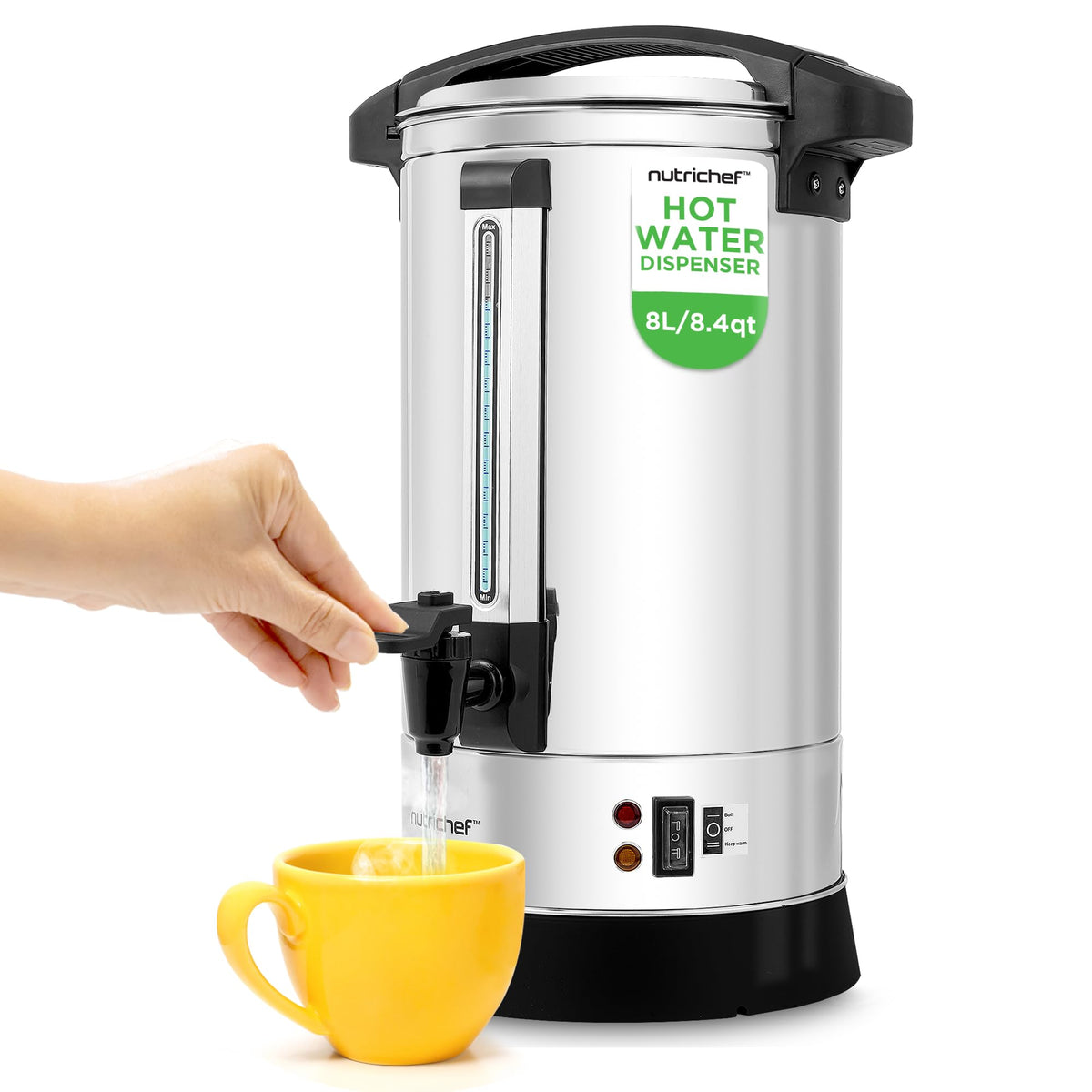 NutriChef Water Boiler and Hot Water Dispenser, 19L Electric Beverage Dispenser with Safety Lock Lid, Non-Drip Tap, Warm Function, Food Grade Stainless Steel, Home & Commercial Use, 19"x9"x9", Silver