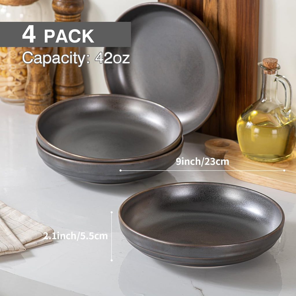 HAPPY KIT Stoneware 9'' Pasta Bowls 42oz Set of 4, Bronze Gray