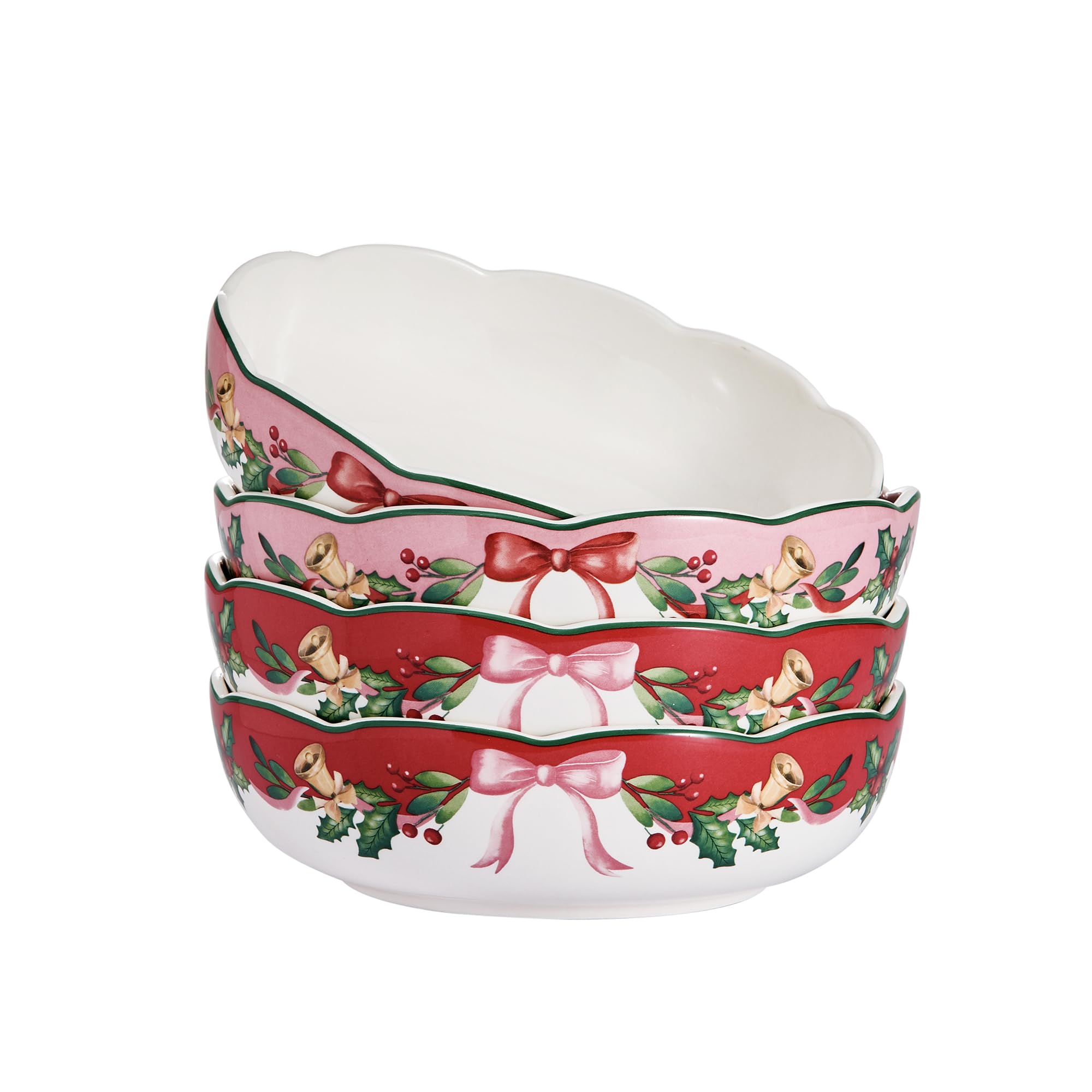 Bico Ribbon Christmas Scalloped Pasta Bowls, 36oz Salad Bowl Set of 4, Large Ceramic Serving Dinner Bowls for Soup and Cereal, Microwave and Dishwasher Safe, Gift for Housewarming and Holiday