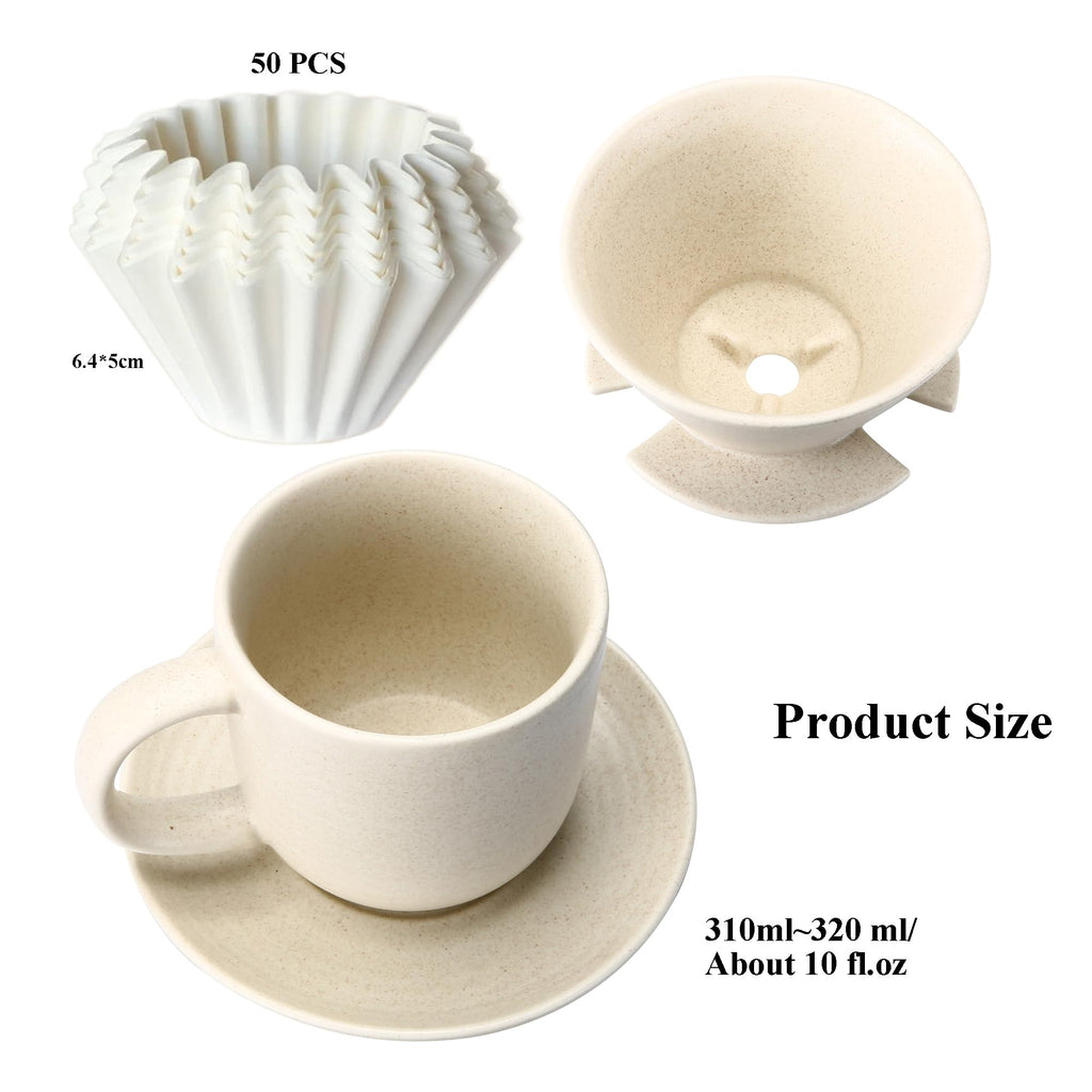 Polydremio Pour Over Coffee Maker, with 50 PCS Basket Coffee Filters, 310 ml/10 oz Mug with Saucer & Coffee Dripper, Ceramic, Off-white