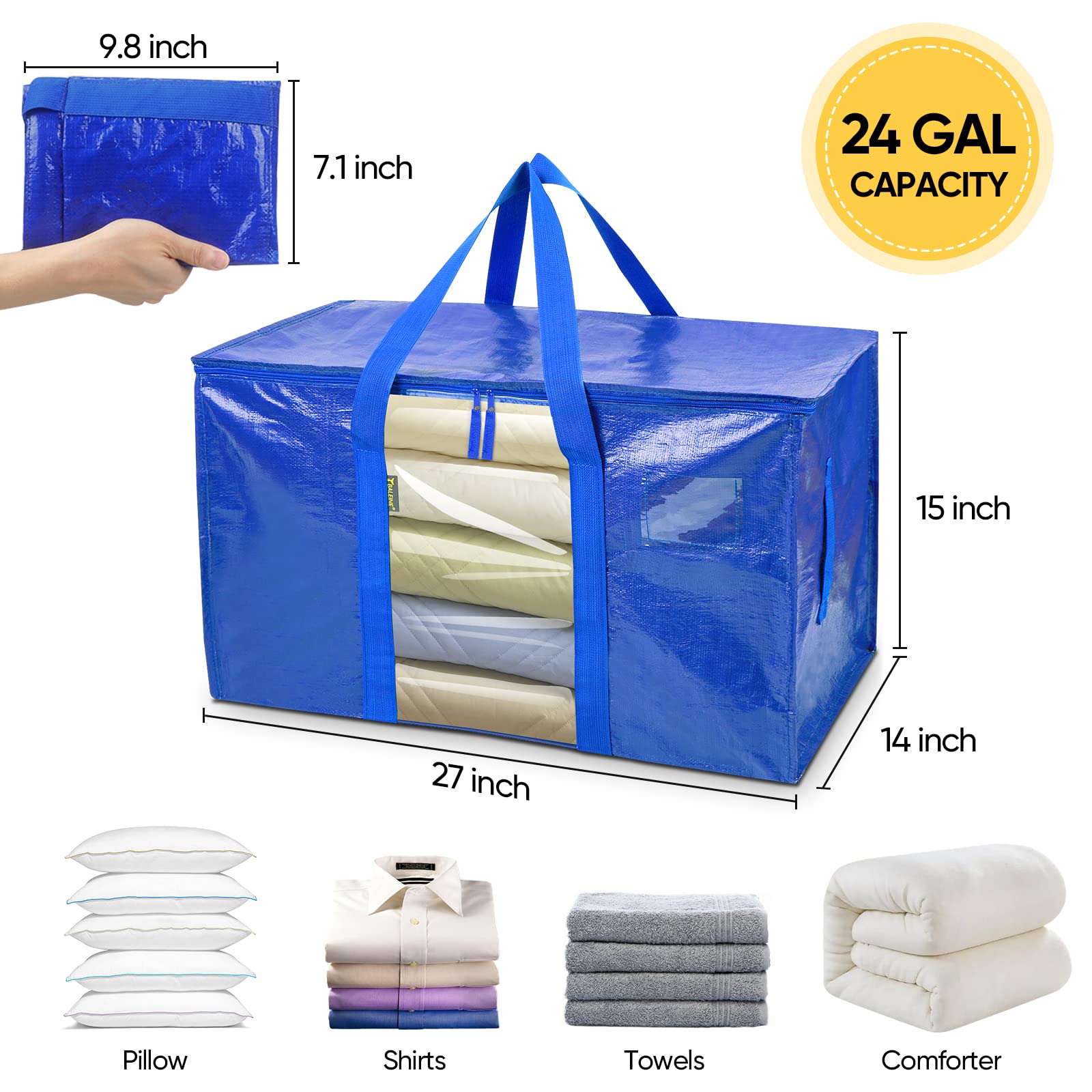 BALEINE 4-Pack Oversized Moving Bags with Reinforced Handles, Heavy-Duty Storage Tote Moving Supplies for Packaging, Camping (Blue w/Window, 4-Pack)