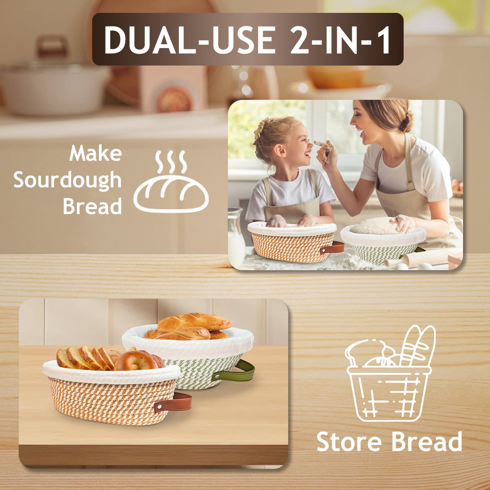 Waysse Banneton Bread Proofing Basket Set,Cotton Rope Sourdough Banneton Basket Oval Round, 10 inch Sourdough Bread Baking Supplies with 4 Liners, Handmade Proofing Bowls for Artisan Bakers Starter