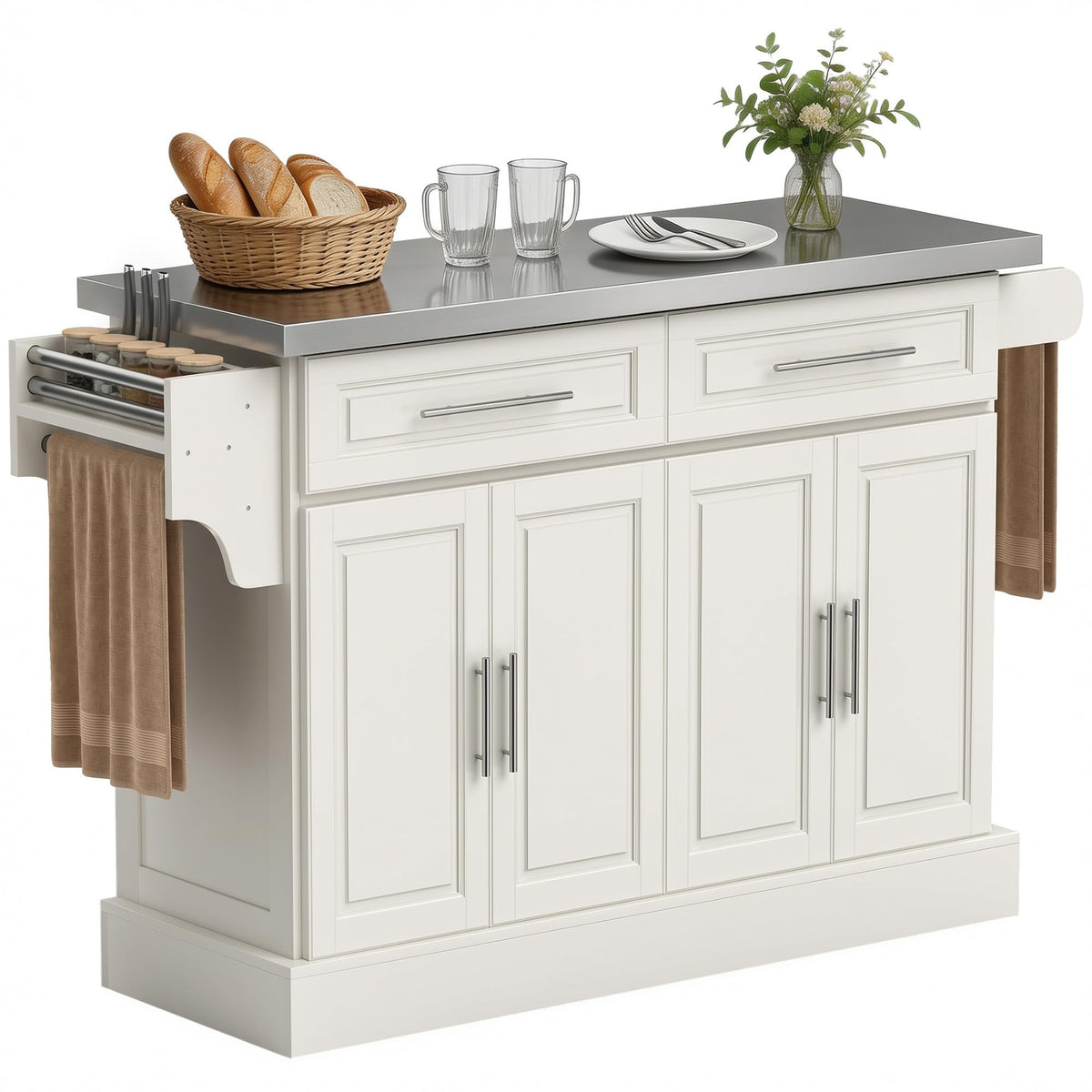 HOMCOM Rolling Kitchen Island Cart with 47" Stainless Steel Top Navy Blue