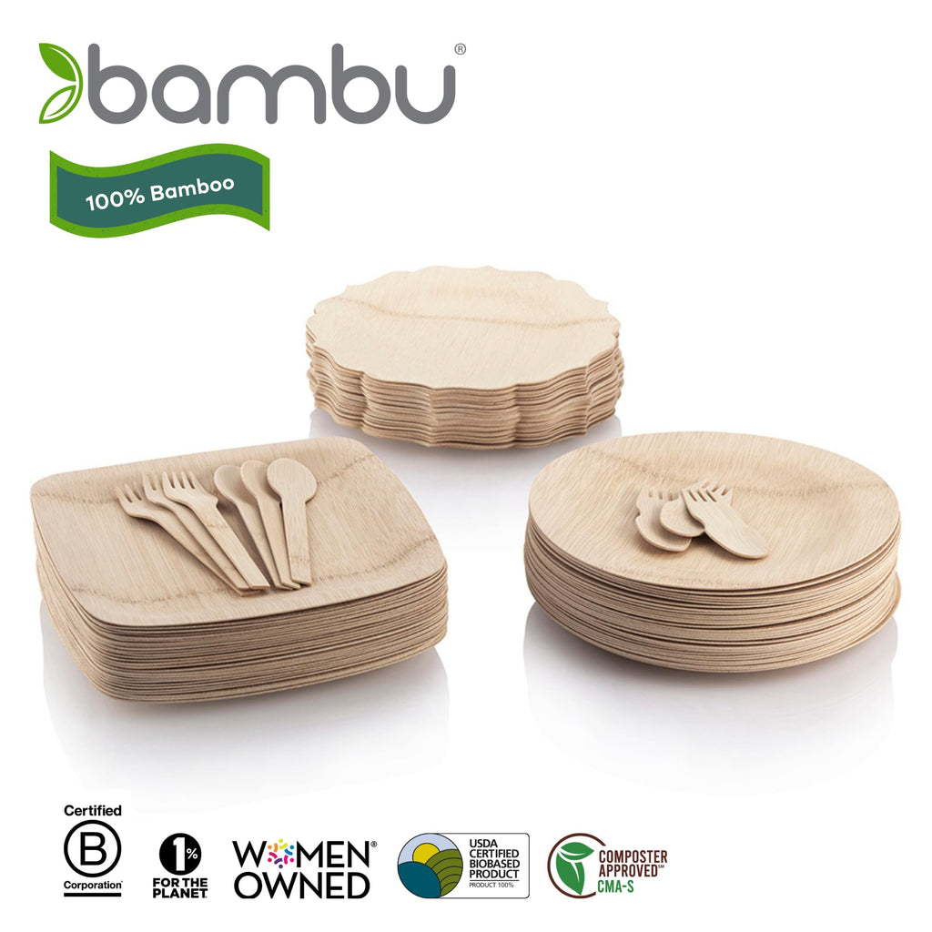 Bambu Pack of 25-11 Inch Disposable Bamboo Plates Fancy, Biodegradable Eco Friendly Products, Bamboo Disposable Plates for Party, Weddings, and Events, Great For Any Occasion, Compostable Plates