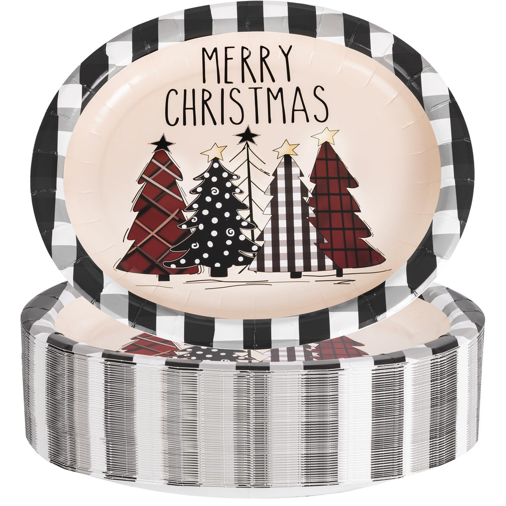 WDF 50Pack Christmas Paper Plates - 10"x12" Christmas Tree Plates Christmas Oval Paper Checkered Plates - Dinner Size Large Disposable Platter Heavy Duty for Happy Christmas Serving