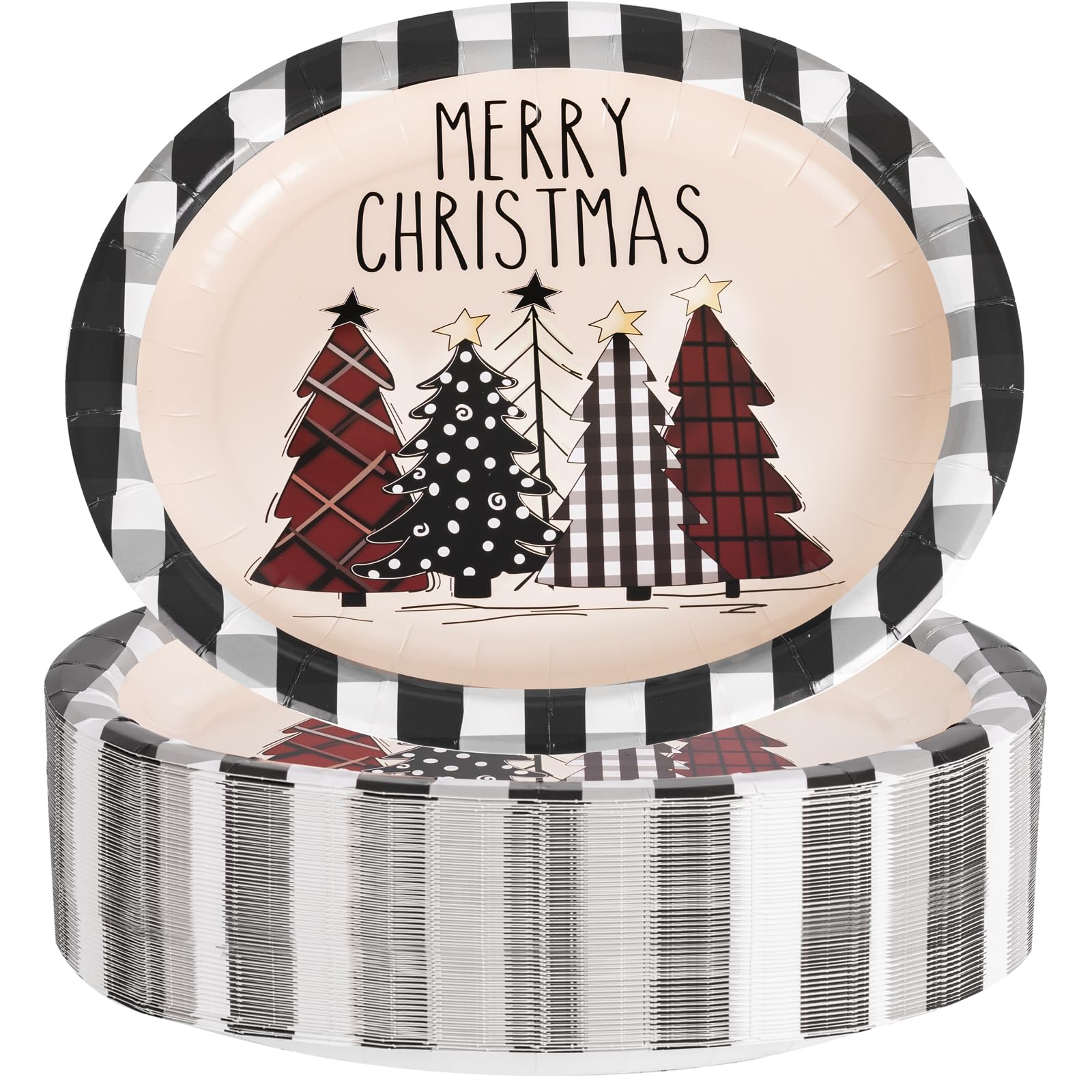 WDF 50Pack Christmas Paper Plates - 10"x12" Christmas Tree Plates Christmas Oval Paper Checkered Plates - Dinner Size Large Disposable Platter Heavy Duty for Happy Christmas Serving