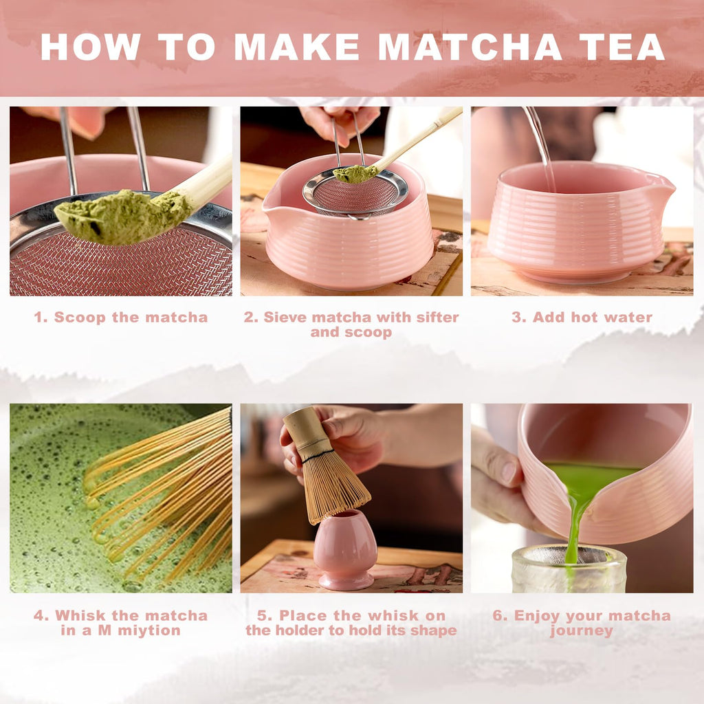 8-Piece Traditional Matcha Tea Set with Spouted Ceramic Bowl, Bamboo Whisk and Holder, Complete Japanese Matcha Kit for Home Latte Preparation, Includes Sifter and Scoop Rest, Premium Gift Box(pink)