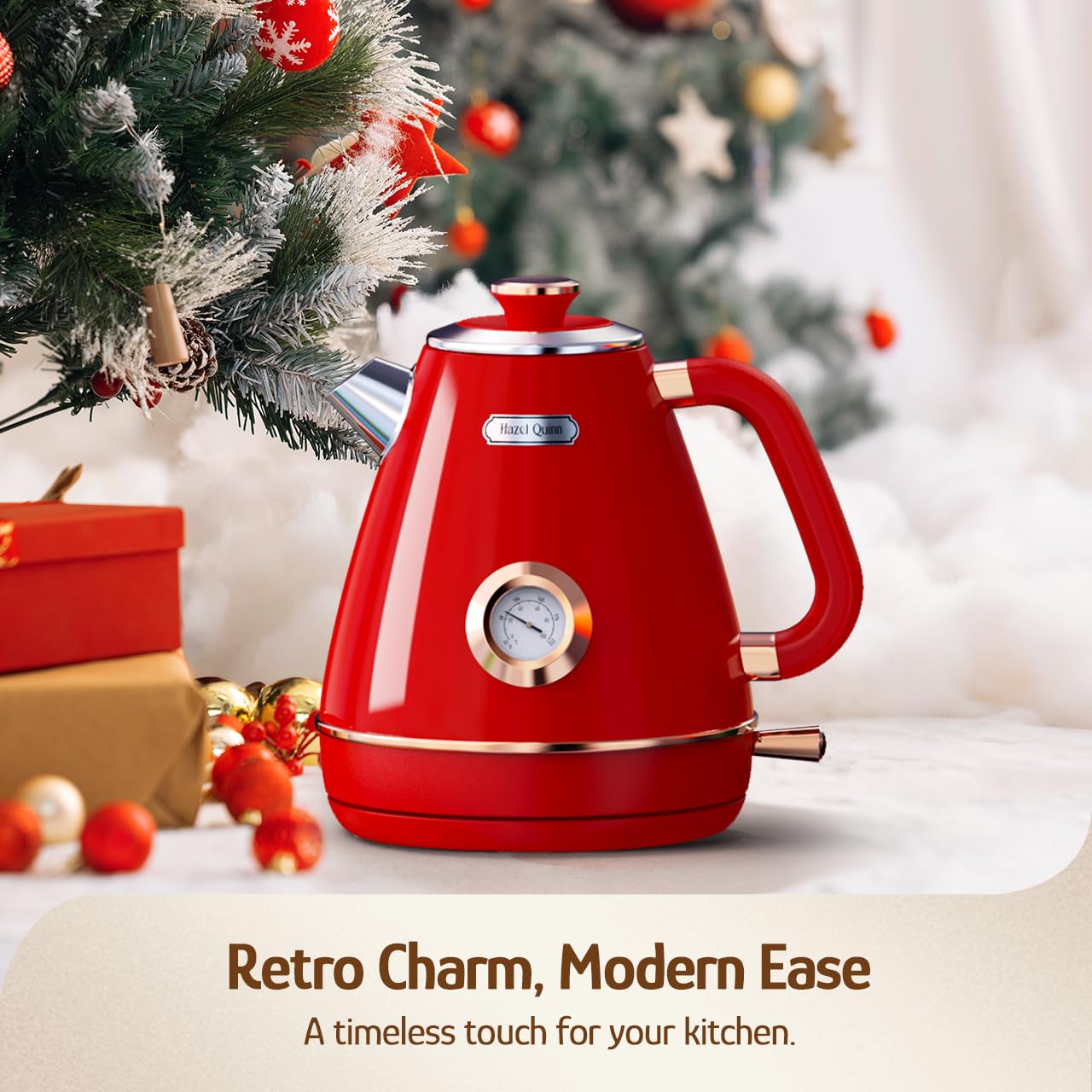 Hazel Quinn Retro Electric Kettle, 1.7 Liters with Thermometer, Ruby Red