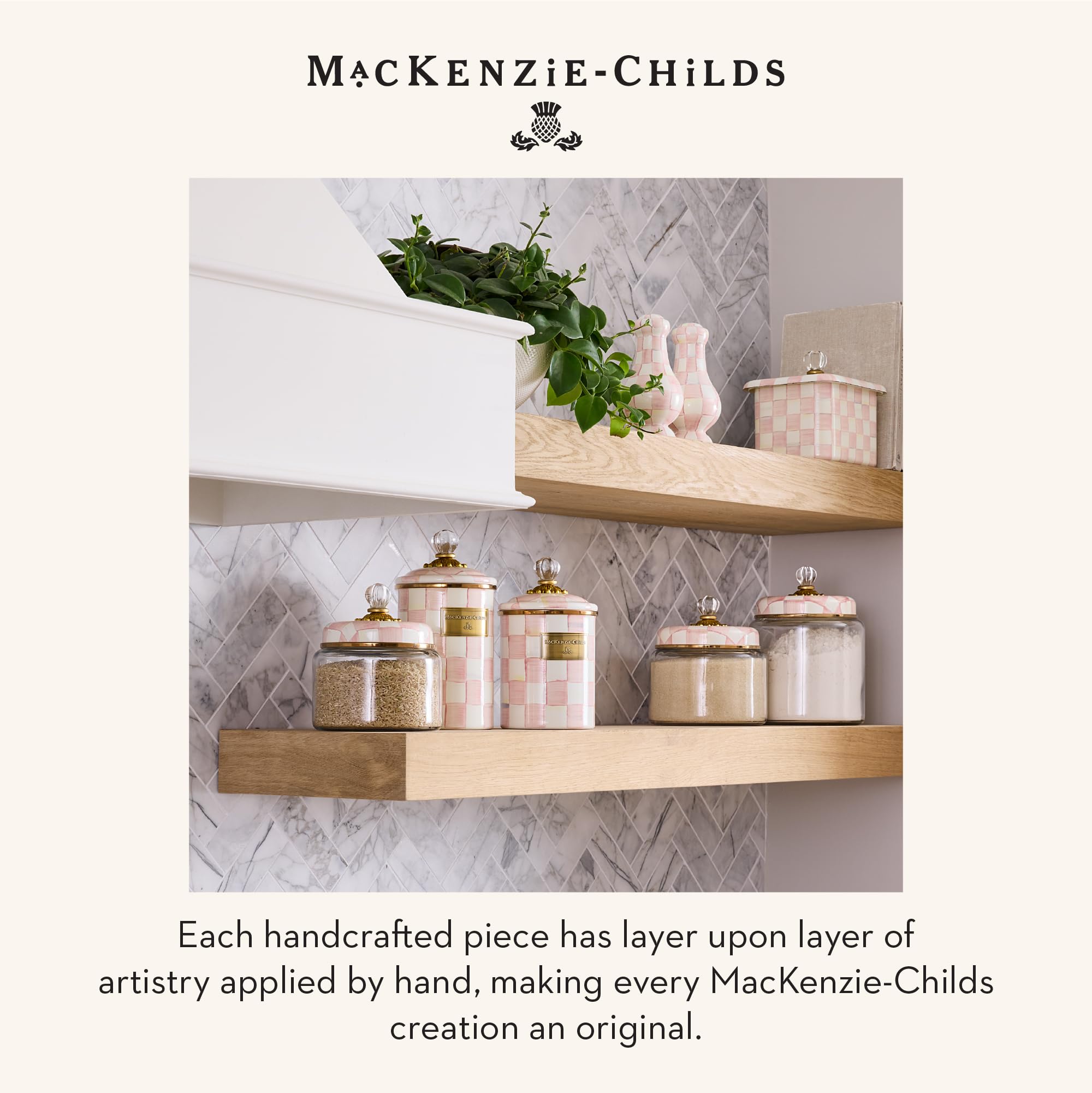 MACKENZIE-CHILDS Rosy Check Kitchen Canister, Decorative Pink-and-White Glass Storage Jar with Lid, Medium