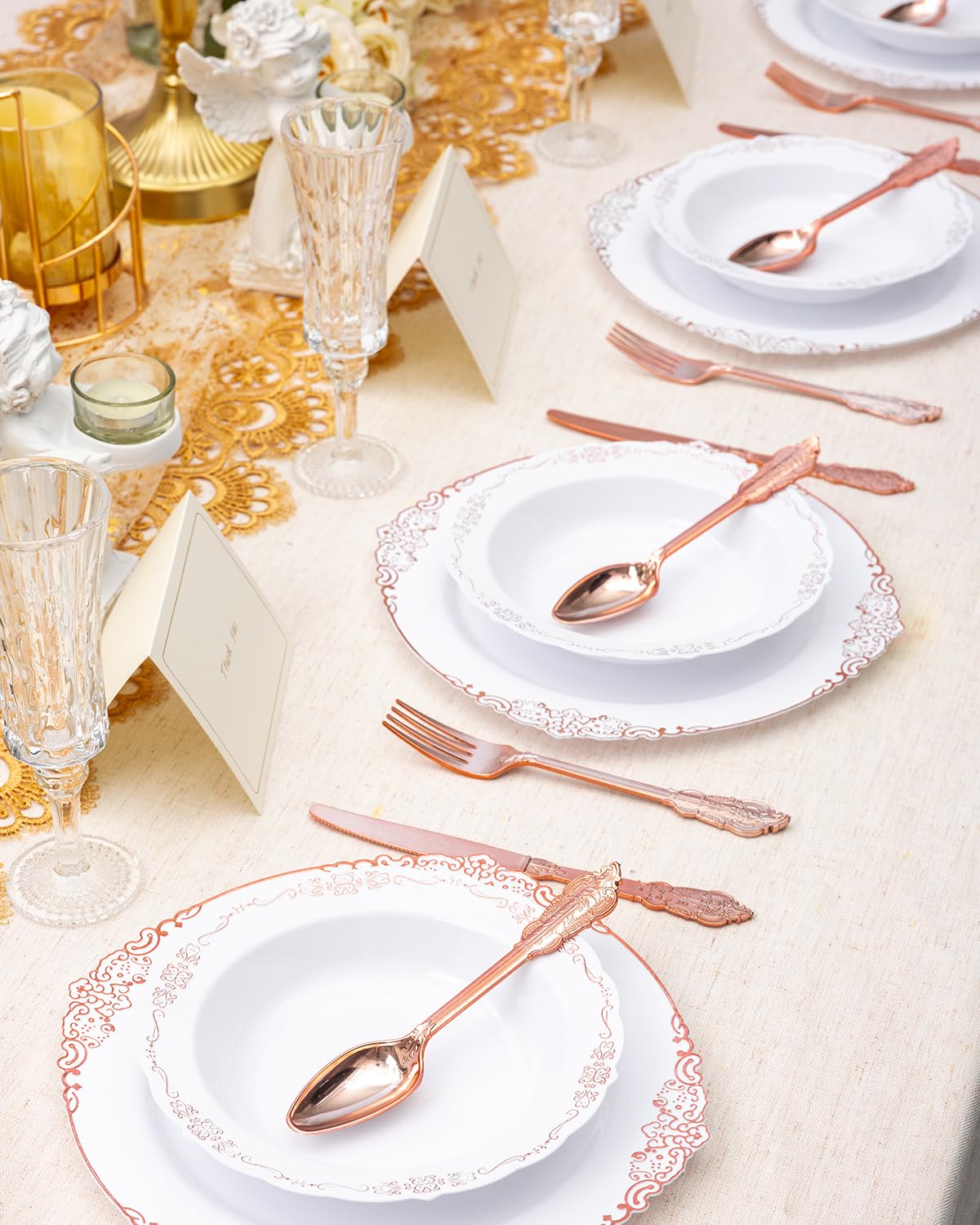 Bestluck 100 Pack White Plastic Bowls with Rose Gold Rim