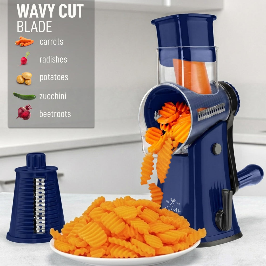 Zulay Kitchen Rotary Cheese Grater 5 Blade Cheese Shredder - Manual Hand Crank Cheese Grater With Reinforced Suction & 5 Interchangeable Drums - Easy to Use, Vegetable Chopper Round Mandoline Slicer