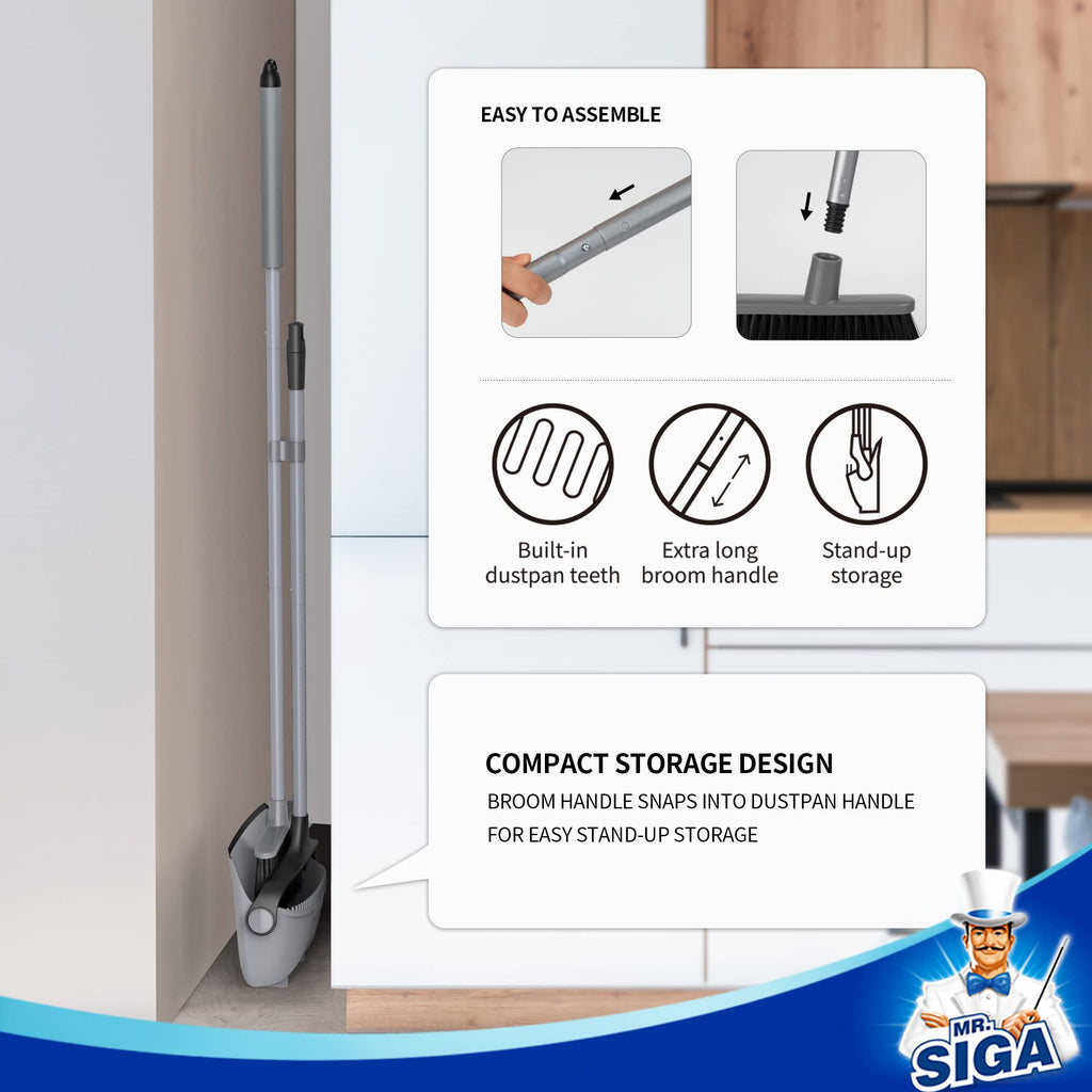 MR.SIGA Broom and Dustpan Set with Adjustable Long Handle, Gray