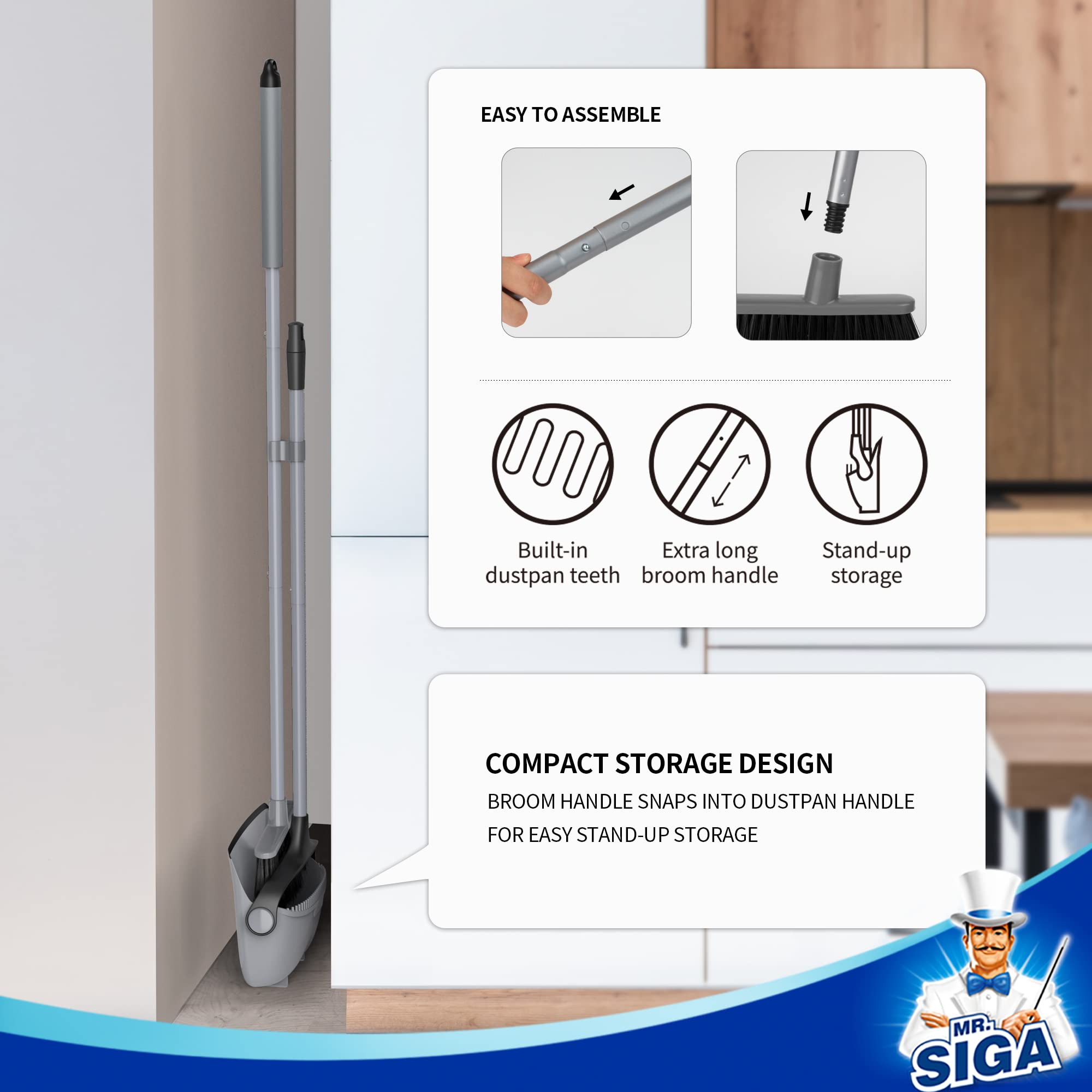 MR.SIGA Broom and Dustpan Set with Adjustable Long Handle, Gray