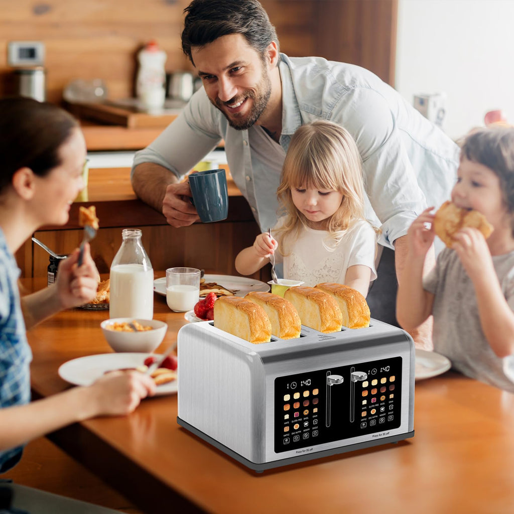 4 Slice Toaster Touch Screen, Stainless Steel Toasters Digital Timer, Dual Control Panel Toasters, 8 Shade Settings 6 Bread Types for Bagel, Cancel, Defrost 1650W Silver