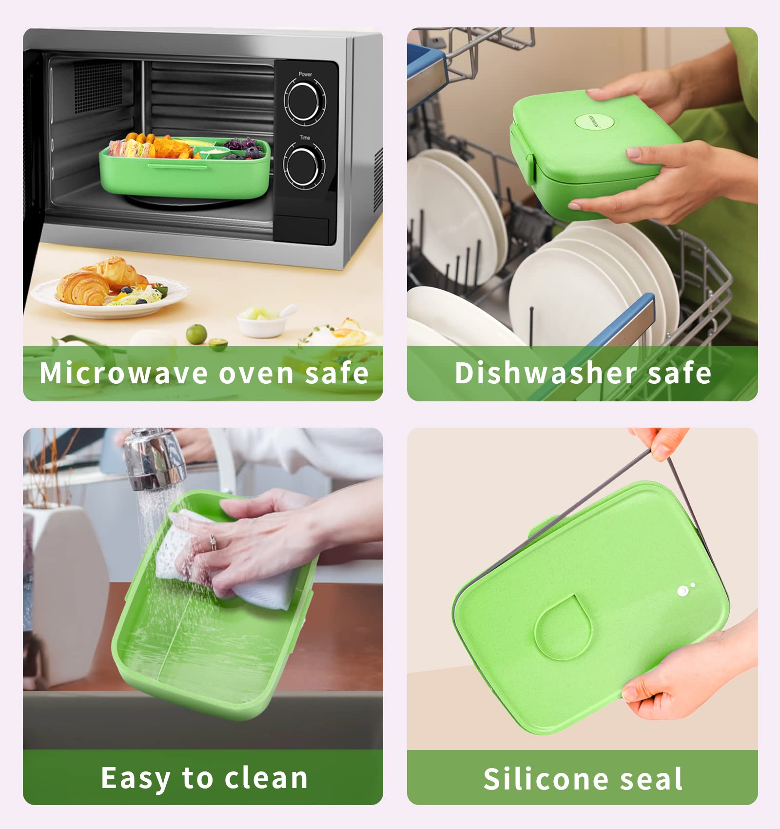 ANDMOON Bento Lunch Box with Kids/Adults, 5 Compartments Leakproof Lunch Container with Dressing Cup, Eco-Friendly Double Insulated Boxes, Dishwasher and Microwave Safe, BPA-Free (green)