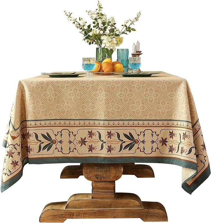 patdrea Designer French Linen Long Tablecloth for Rectangle Table,Beige Anti-Wrinkle Floral Farmhouse Table Cloth,Decor Covers for Kitchen Dining,Tea Party,Christmas,Thanksgiving,63"x102"-Fram
