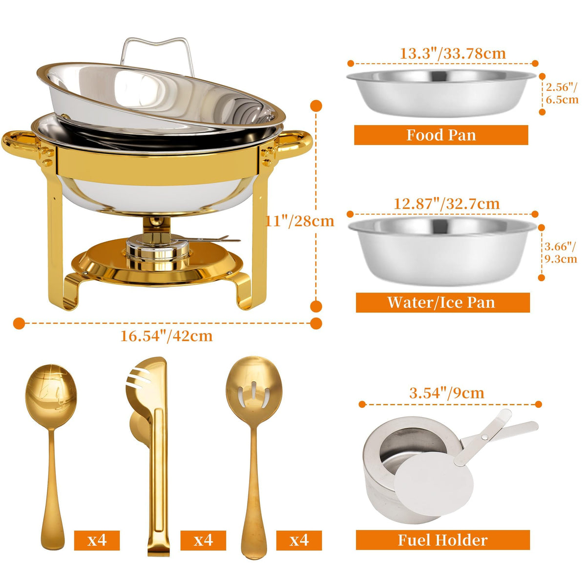 EffiQ-Rate 5QT Round Chafing Dishes for Buffet, Gold, 4 Pack