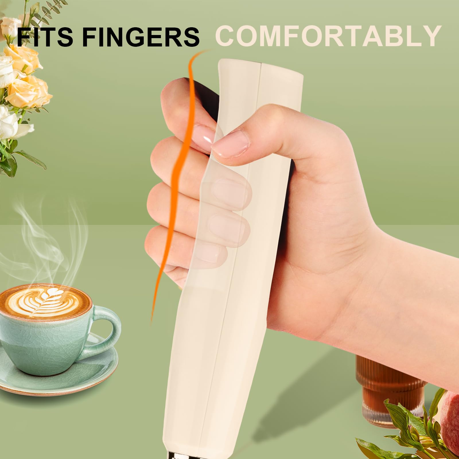 YUSWKO Handheld Milk Frother Wand for Coffee, Rechargeable Electric Whisk with 3 Heads 3 Speeds Drink Mixer Coffee Frother For Latte, Cappuccino, Hot Chocolate, Egg, Beige