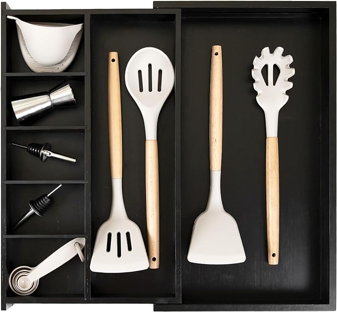 KitchenEdge Adjustable Kitchen Drawer Organizer for Utensils and Junk, Food-Safe Contract Grade with 100% Sustainable Wood, Expandable from 10.5 to 19 Inches Wide - Black Bamboo