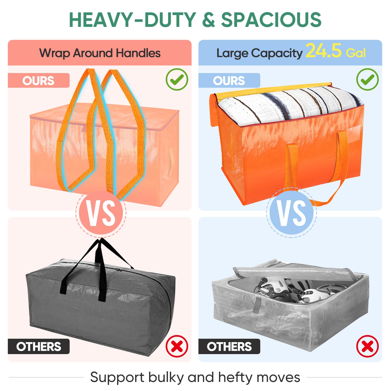 BALEINE 4-Pack Oversized Moving Bags with Reinforced Handles, Heavy-Duty Storage Tote for Clothes, Moving Supplies (Orangel, 4-Pack)