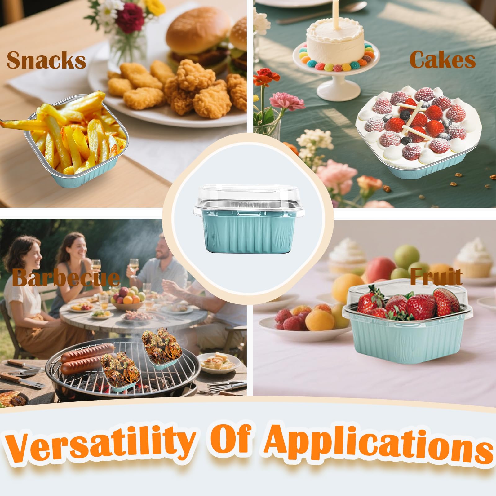 50 Pcs Mini Square Baking Cups with Lids,10oz Aluminum Foil Mini Cake Pans with Lids,Disposable Ramekins Cake Pans,300ml Dessert Cups Cupcake Pans for Wedding Birthday Party,Blue