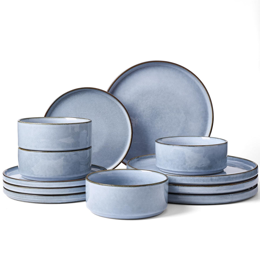 Famiware Annecy 12-Piece Stoneware Dinnerware Set, Reactive Blue