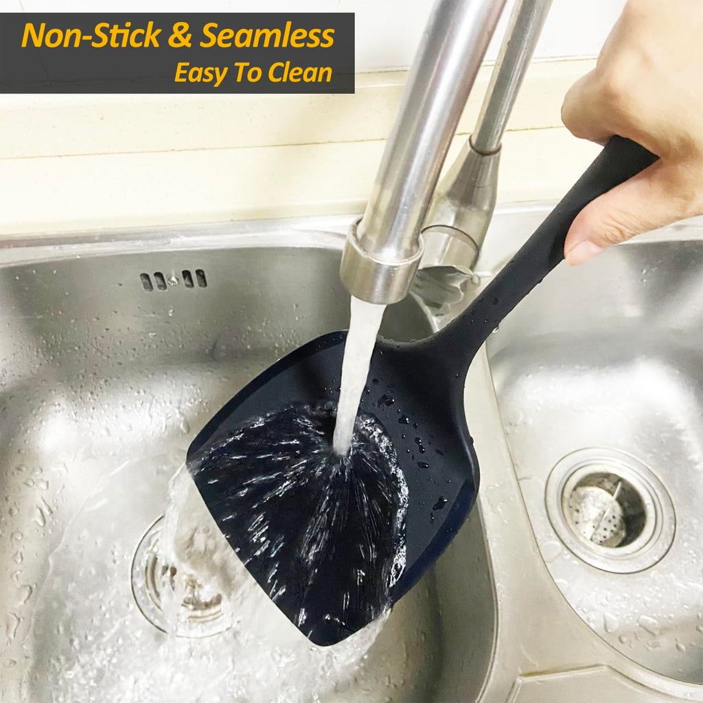 Silicone Pancake Spatula Turner with Lengthened Handle& Seamless Design, Heat Resistant Cooking Spatulas for Nonstick Cookware, Large Flexible Kitchen Utensils, Flipper for Egg, Pancake, Burger, Black