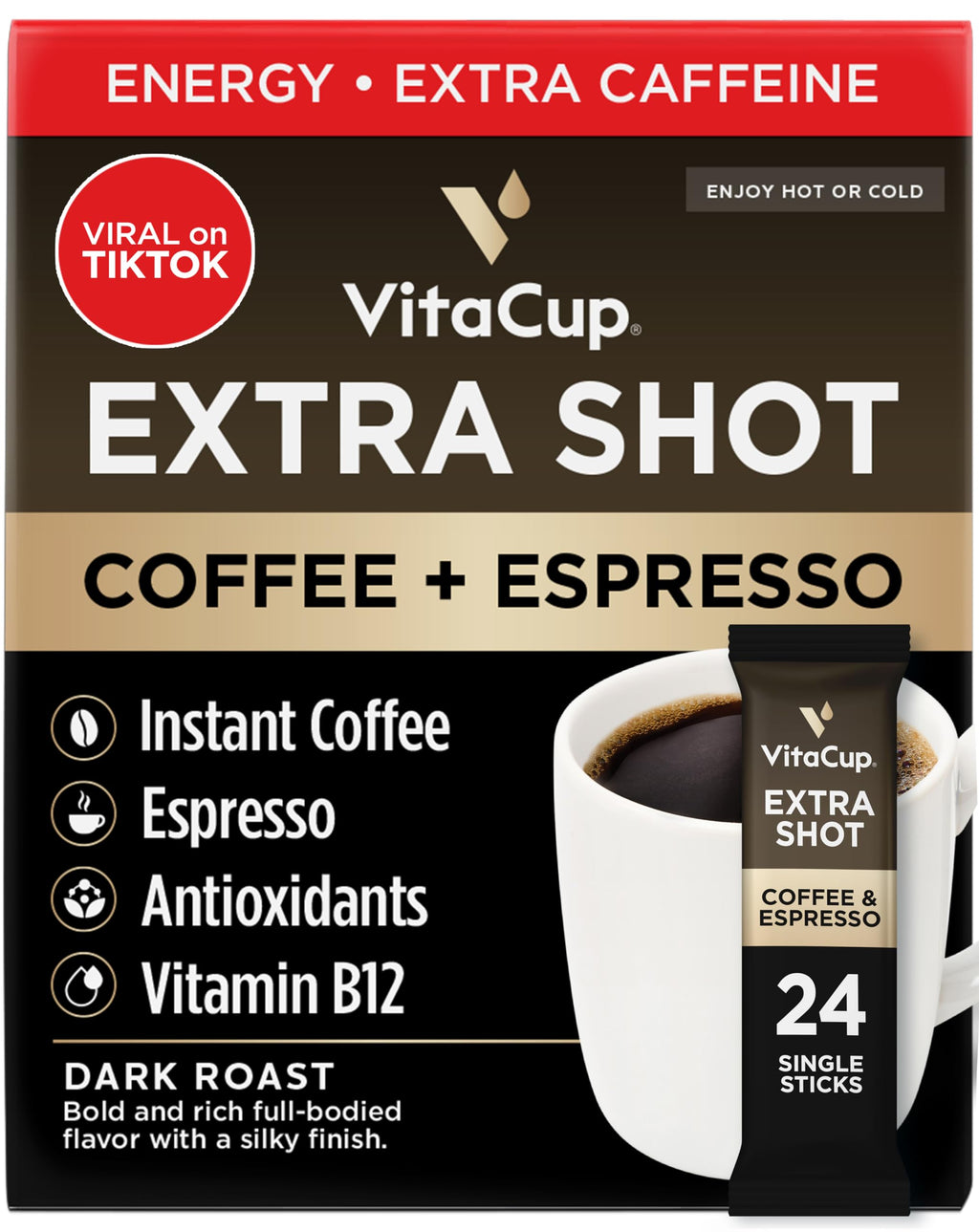 VitaCup Extra Shot High Caffeine, Dark Roast Instant Coffee Packets, 24ct