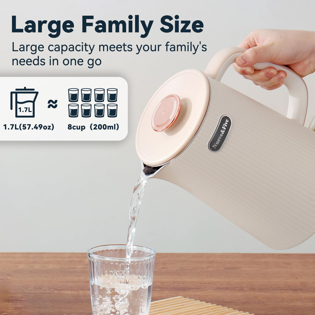 Nueve&Five 1.7L (57oz) Large Electric Kettle Perfect for 7+Cups of Tea and Coffee,2 quarts Double Wall Big Electric Tea Kettle,Auto Shut Off,1200W Hot Water Kettle Electric -Cream White