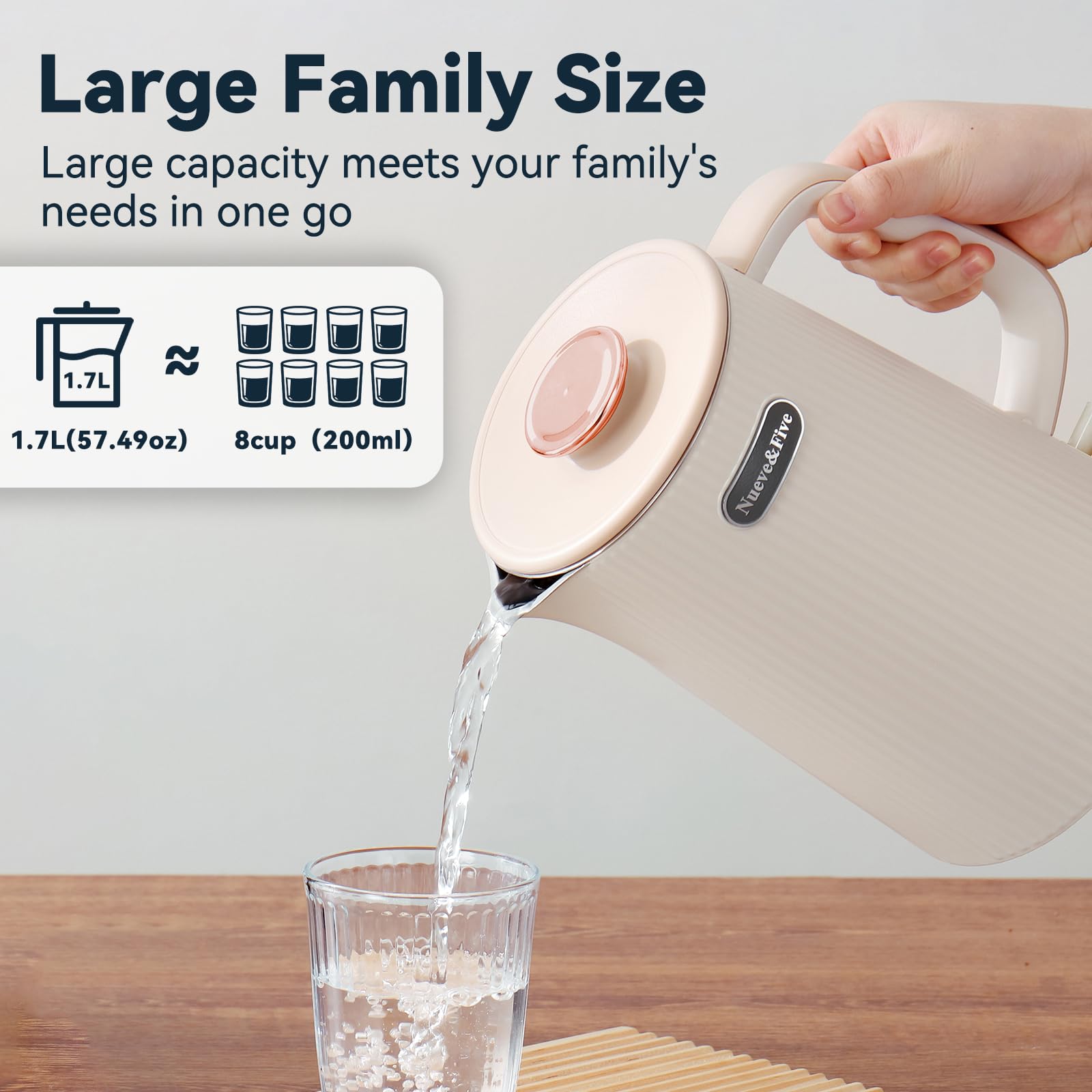Nueve&Five 1.7L (57oz) Large Electric Kettle Perfect for 7+Cups of Tea and Coffee,2 quarts Double Wall Big Electric Tea Kettle,Auto Shut Off,1200W Hot Water Kettle Electric -Cream White