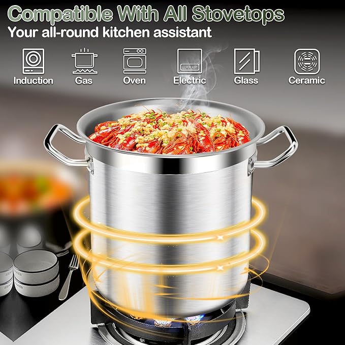 Large Stock Pot-35QT Stainless Steel Stockpot with Lid, Heavy Duty Tri-Ply Bottom Commercial Grade Stock Pot & Stockpots for Boiling Cooking Soup Stew Canning Cooking Pots, Big Stockpot, Deep Cookware