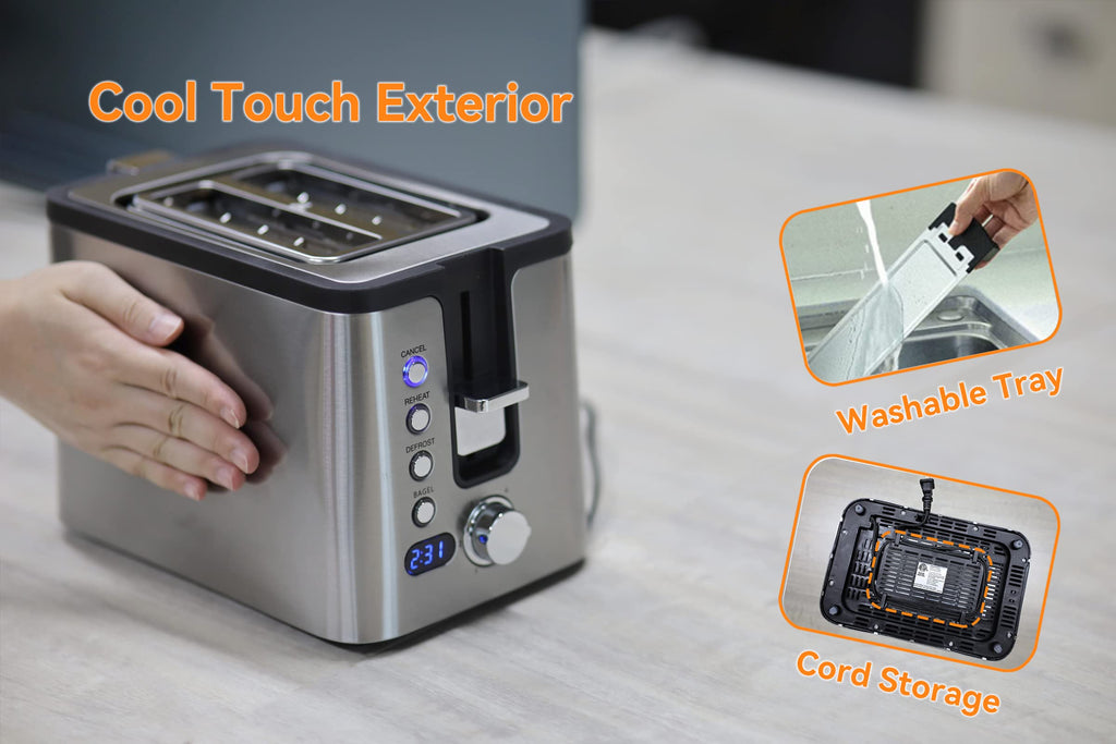 Mecity Toaster 2 Slice Stainless Steel Body, Timer, Bagel, Defrost, Reheat, Cancel Functions, Warming Rack, Removable Tray, 6 Browning Settings, Extra Wide Slots, Bread Toaster 800W