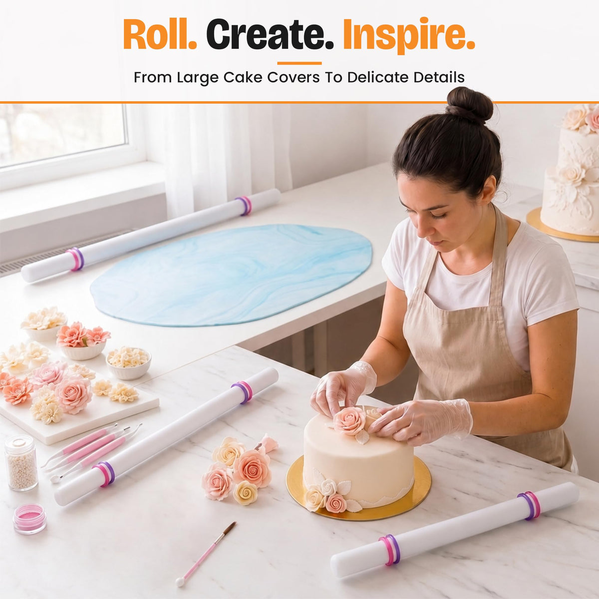 Bakerpan Fondant Roller Set - 3 Rolling Pins with Thickness Guide Rings