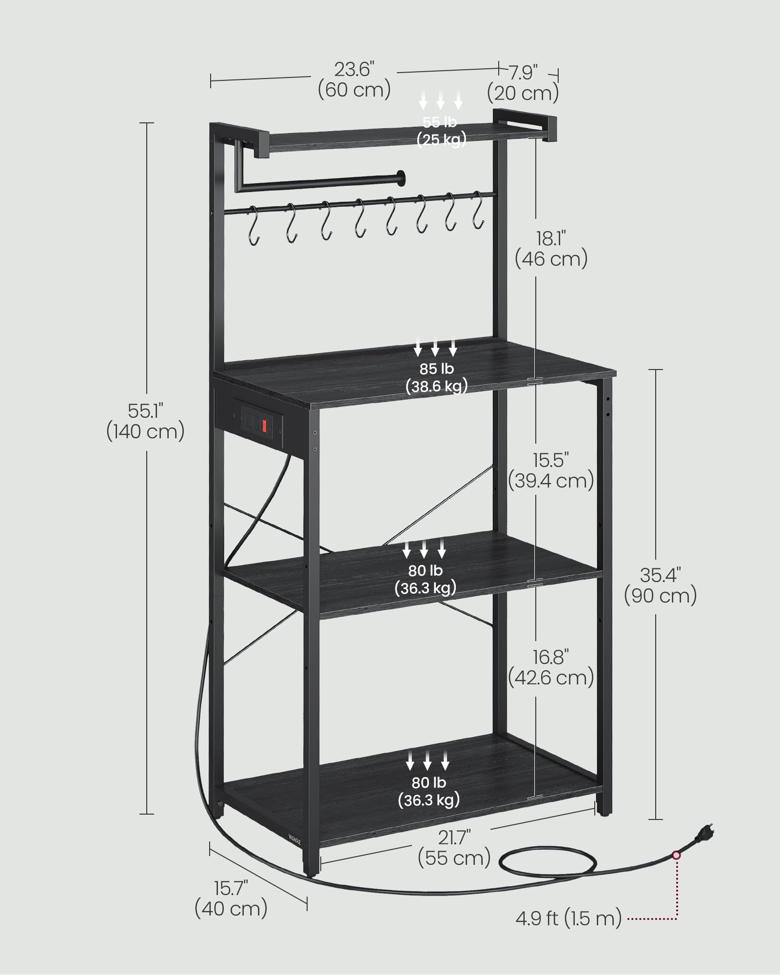VASAGLE BARNET Collection - Kitchen Bakers Rack with Power Outlet, 23.6-Inch Wide Coffee Bar 4-Tier with 8 S Hooks, Modern Microwave Stand, Adjustable Shelf, Charcoal Gray and Ink Black UKKS014B01V1