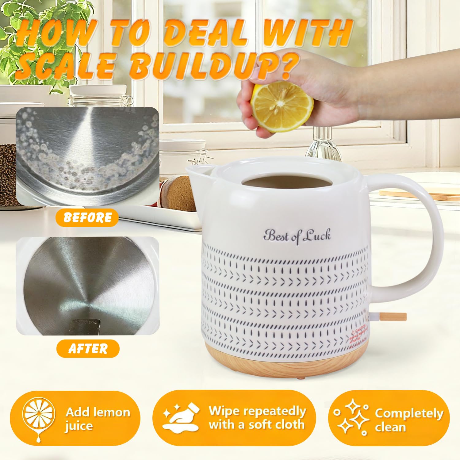 LONGSEED Ceramic Electric Kettle 1 Quarts, Hot Water Boiler Electric Kettles, Tea Pot with LED Light, Boil Dry Protection, Short Spout 1000W Fast Boil, Automatic Shut-off