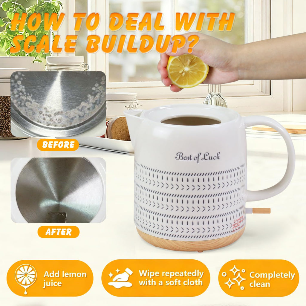 LONGSEED Ceramic Electric Kettle 1 Quarts, Hot Water Boiler Electric Kettles, Tea Pot with LED Light, Boil Dry Protection, Short Spout 1000W Fast Boil, Automatic Shut-off