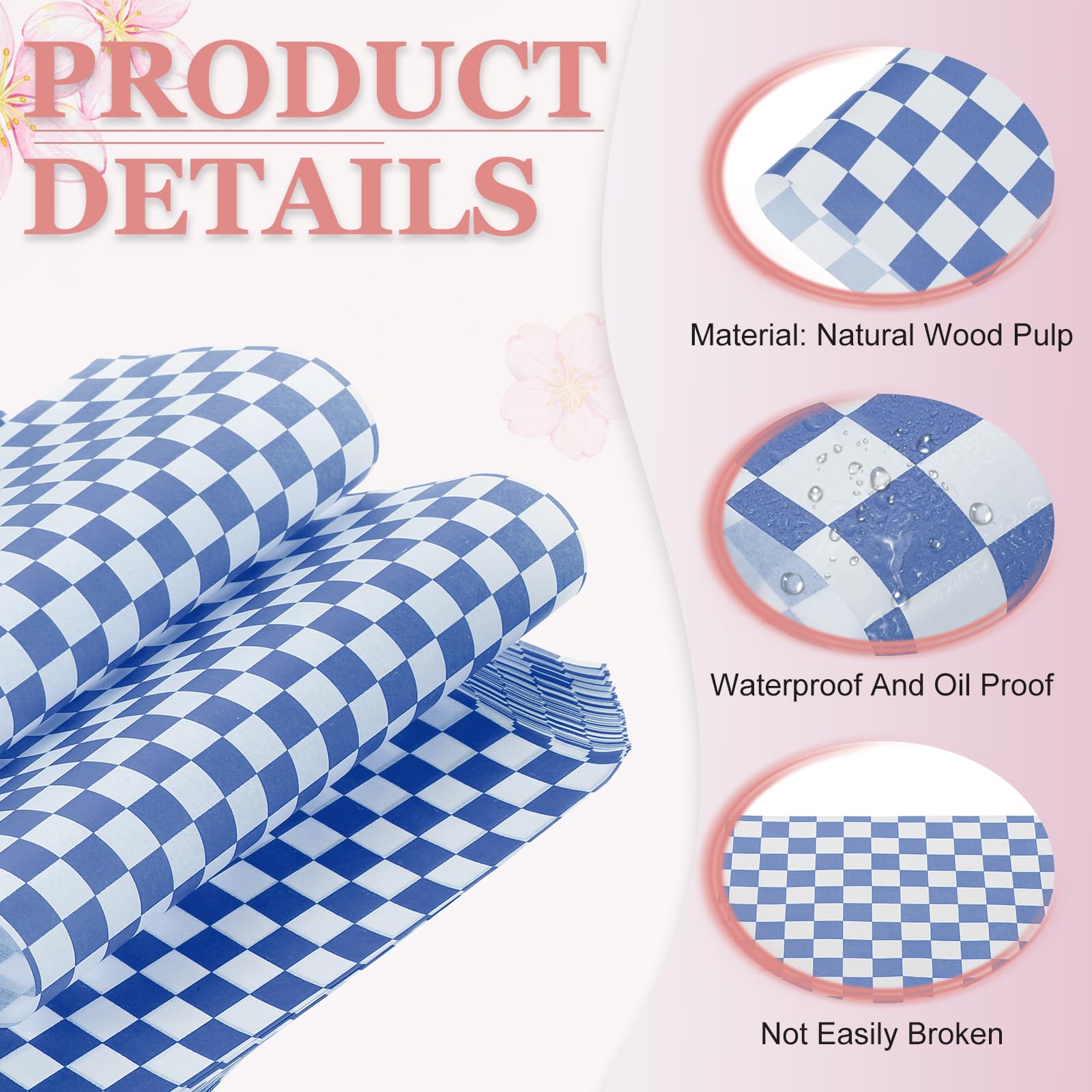 PATIKIL 8.7" x 8.7" Waxed Paper Sheets, 100Pcs Square Pattern Oil-absorbing Dry Food Wrapping Paper for Bakery Coffee Shop Home Baking Kitchen DIY, Blue