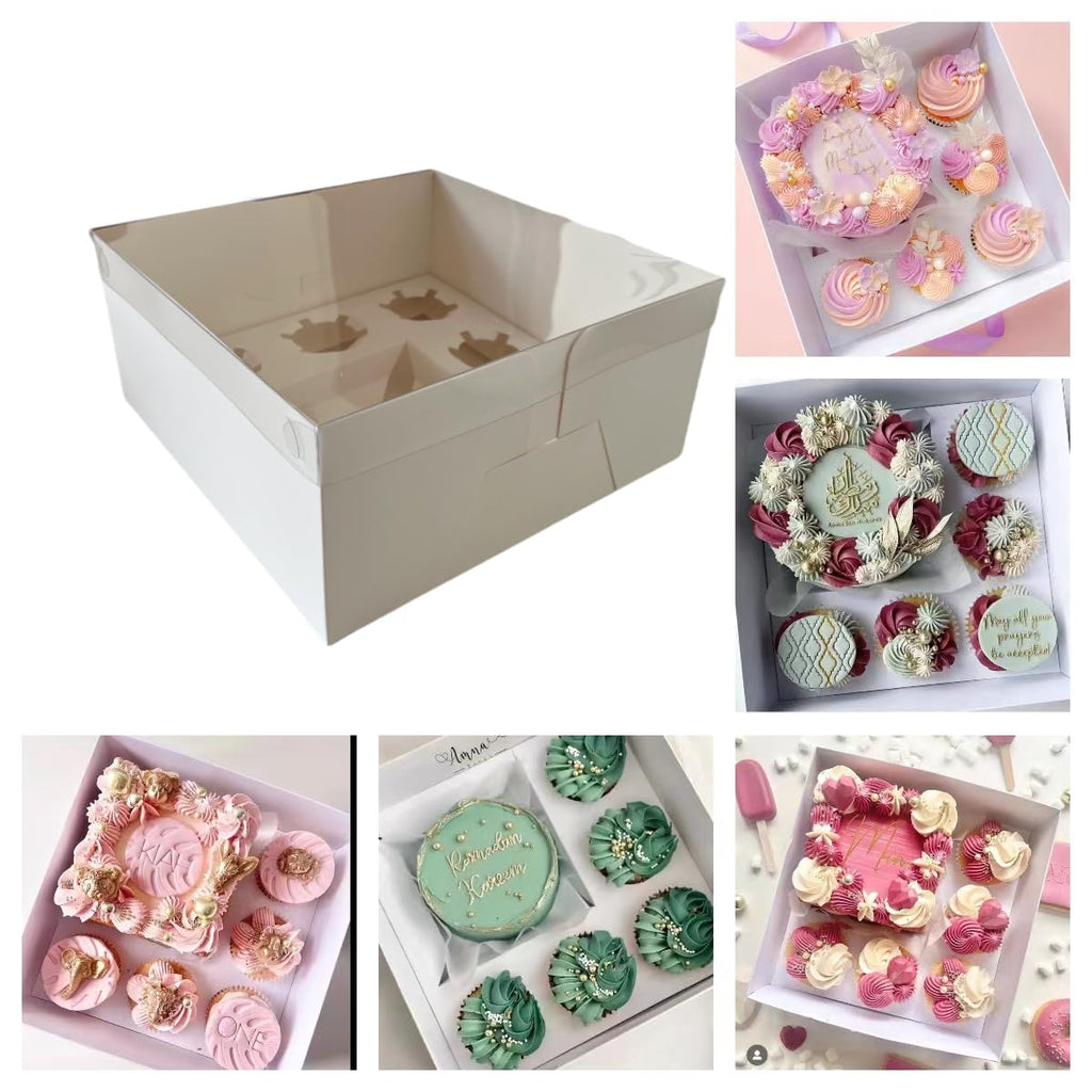 SAHROO Bento Cake Box - Easy to Assemble White 4-inch Cake and 5 Cupcakes Box With Insert - 5 Sets Base for Family Birthday Party Mother's Day
