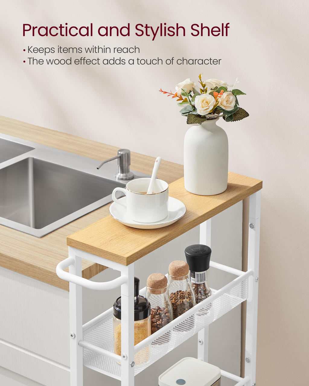 VASAGLE Slim Rolling Cart, 5-Tier Storage Cart, Narrow Cart with Handle, 5.1 Inches Deep, Metal Frame, for Kitchen, Dining Room, Living Room, Home Office, Oak Beige and Classic White ULRC034W09