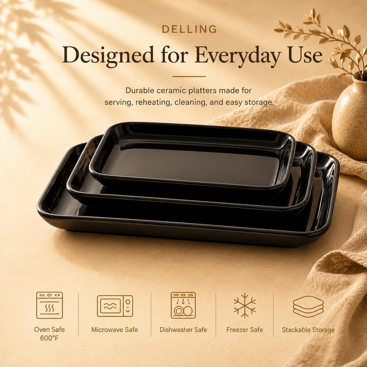DELLING Large Serving Platter Set of 3, 16/14/12 Inch Porcelain Serving Trays for Party - Black Ceramic Rectangular Platters for Entertaining,Platter for Thanksgiving Christmas, Dishwasher Oven Safe