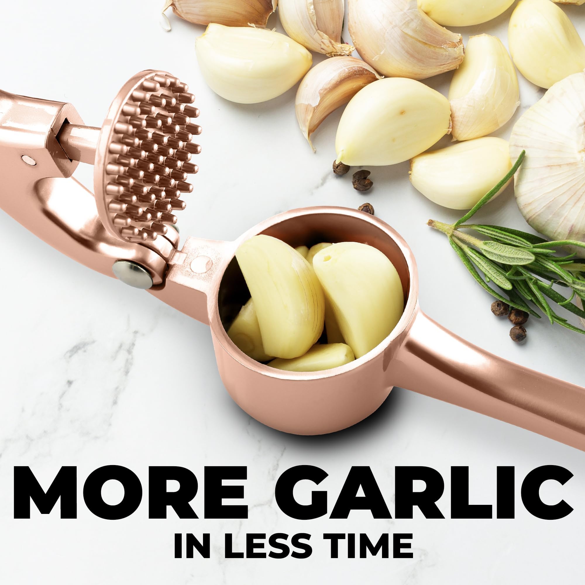 Zulay Kitchen Large Premium Garlic Press Set - Bigger Bowl for Bigger Garlic - Rust Proof Garlic Mincer Tool - Easy-Squeeze, Easy-Clean Silicone Garlic Peeler & Brush (Rose Gold)