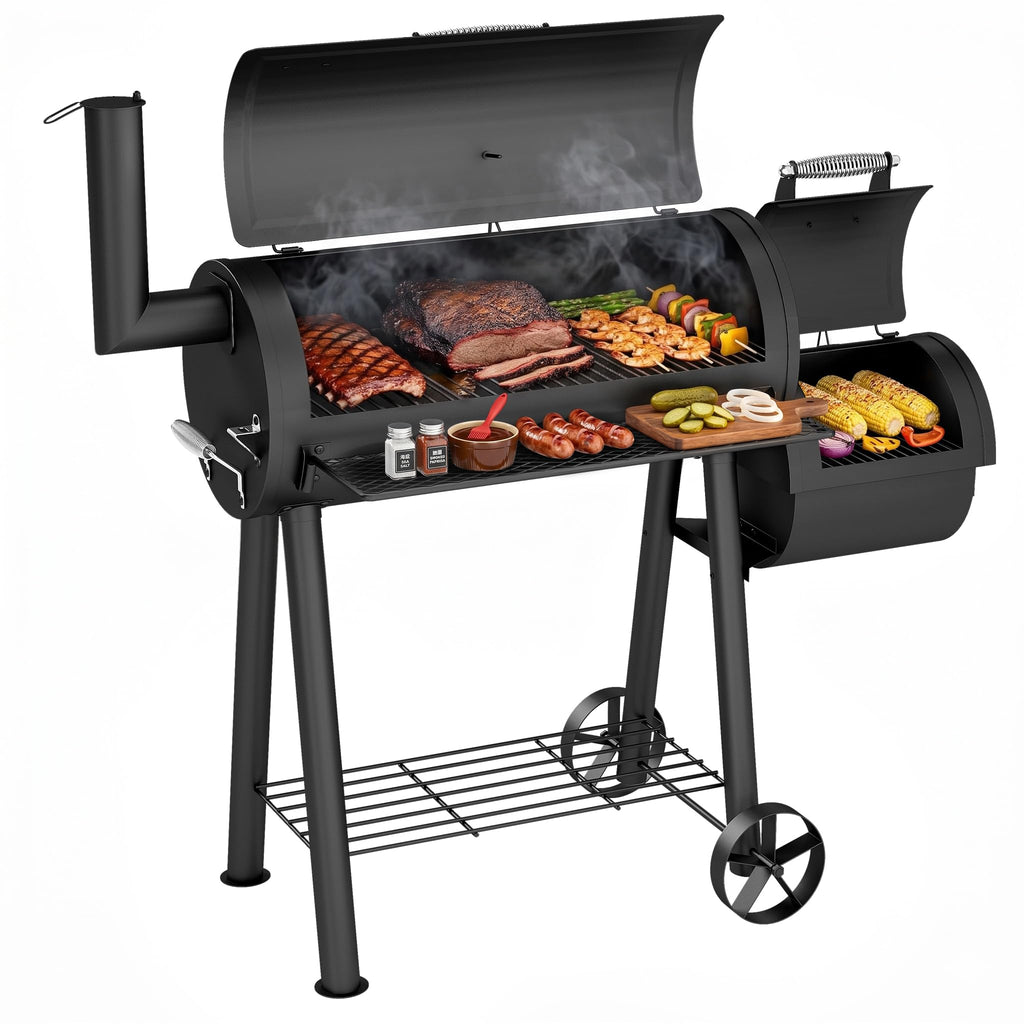 MFSTUDIO Barrel Charcoal Grill w/Offset Smoker w/ 512 SQ.IN. Cooking Area